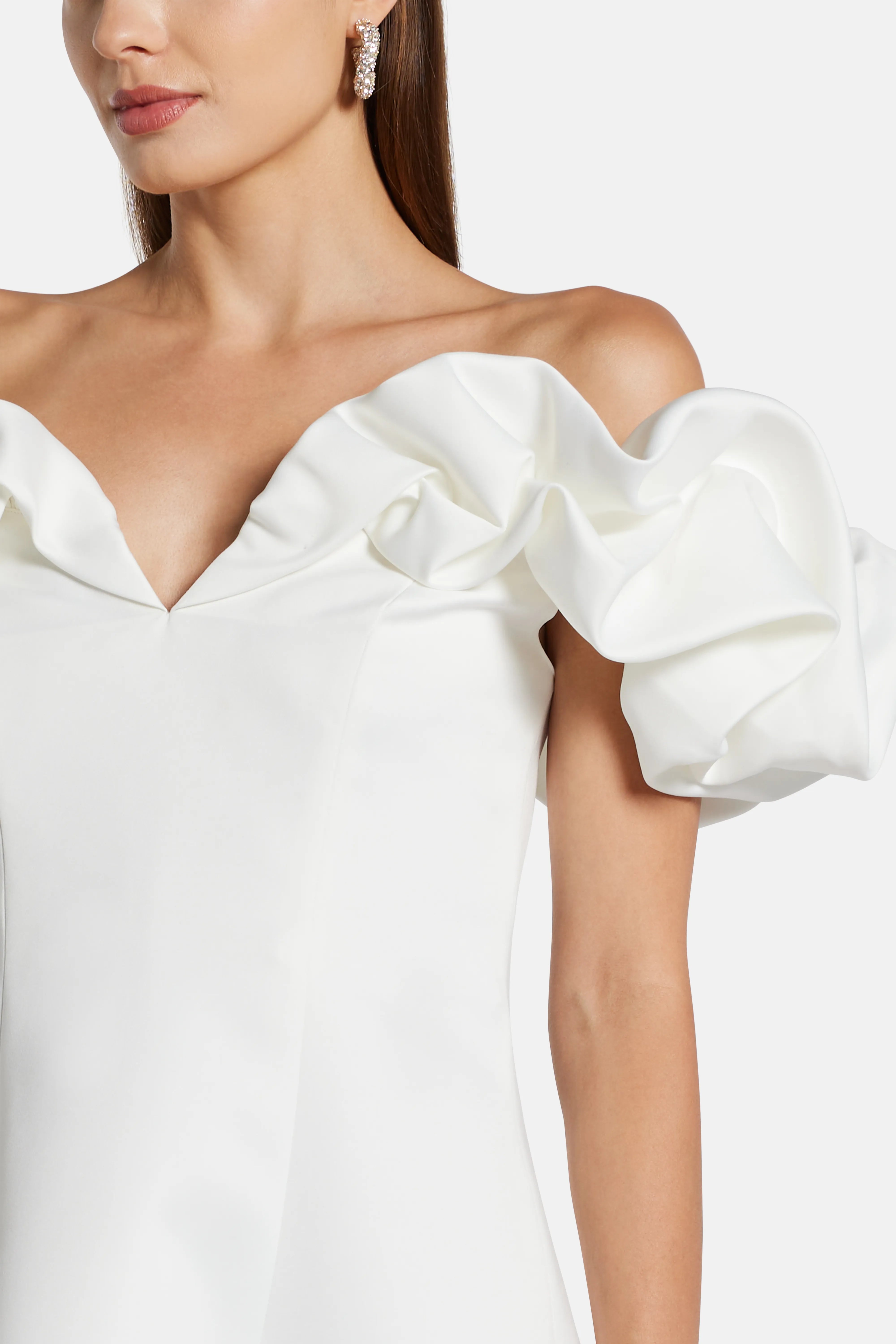 Annie Off Shoulder Frill Midi Dress in White