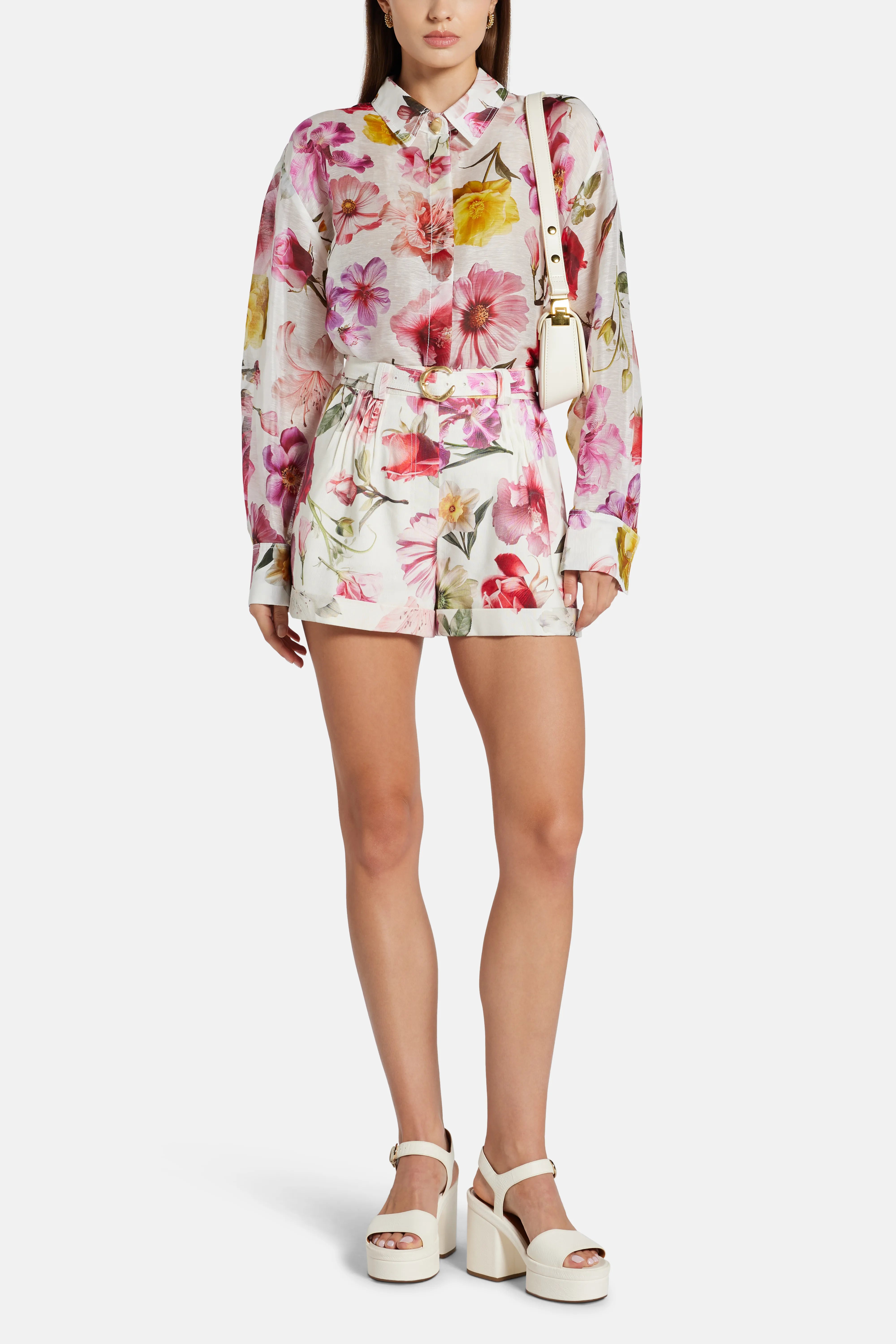 Fleur Patterened Linen Shorts in White and Pink