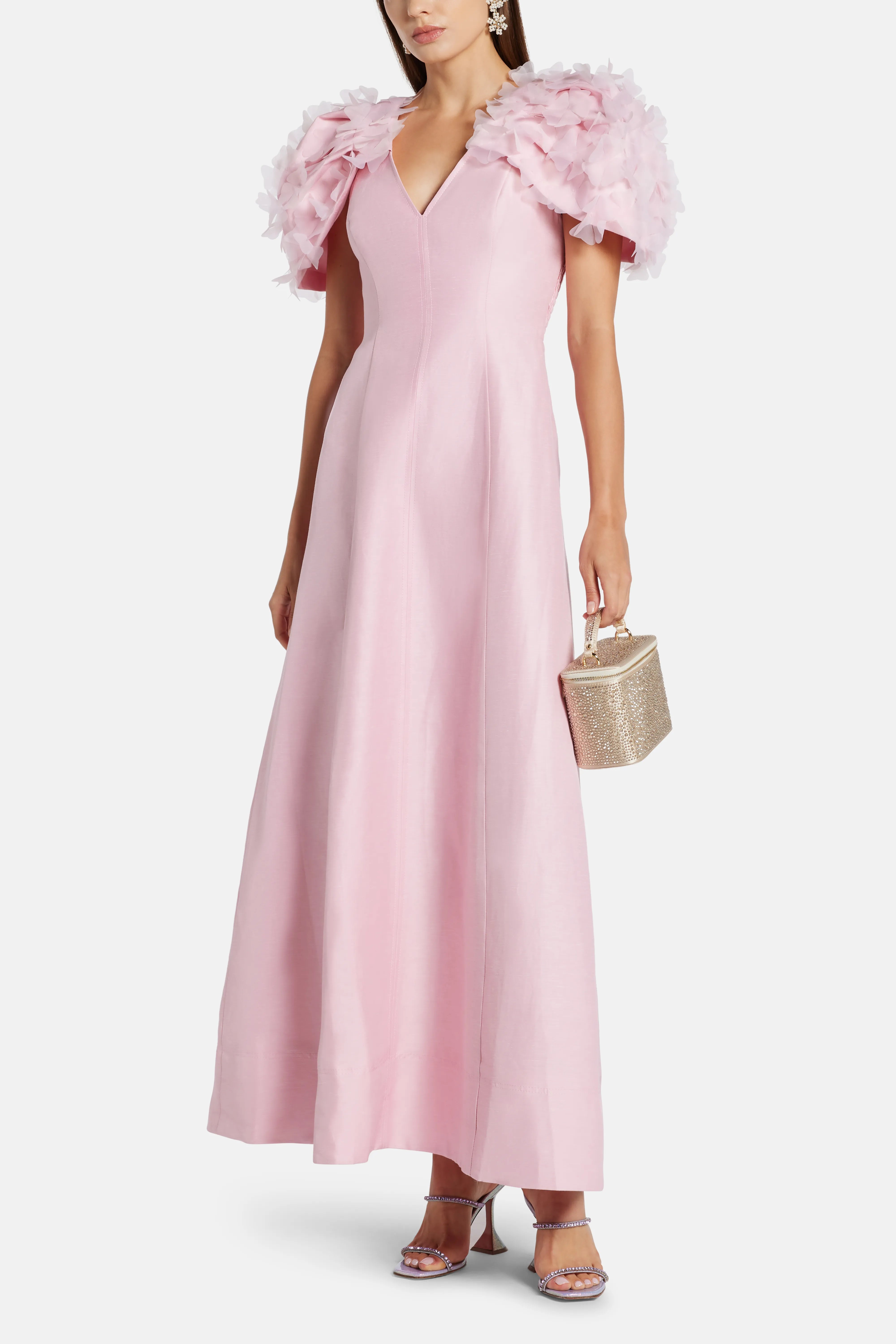 فستان ماكسي ميوز بأكمام منفوخة من الكتان باللون الزهري