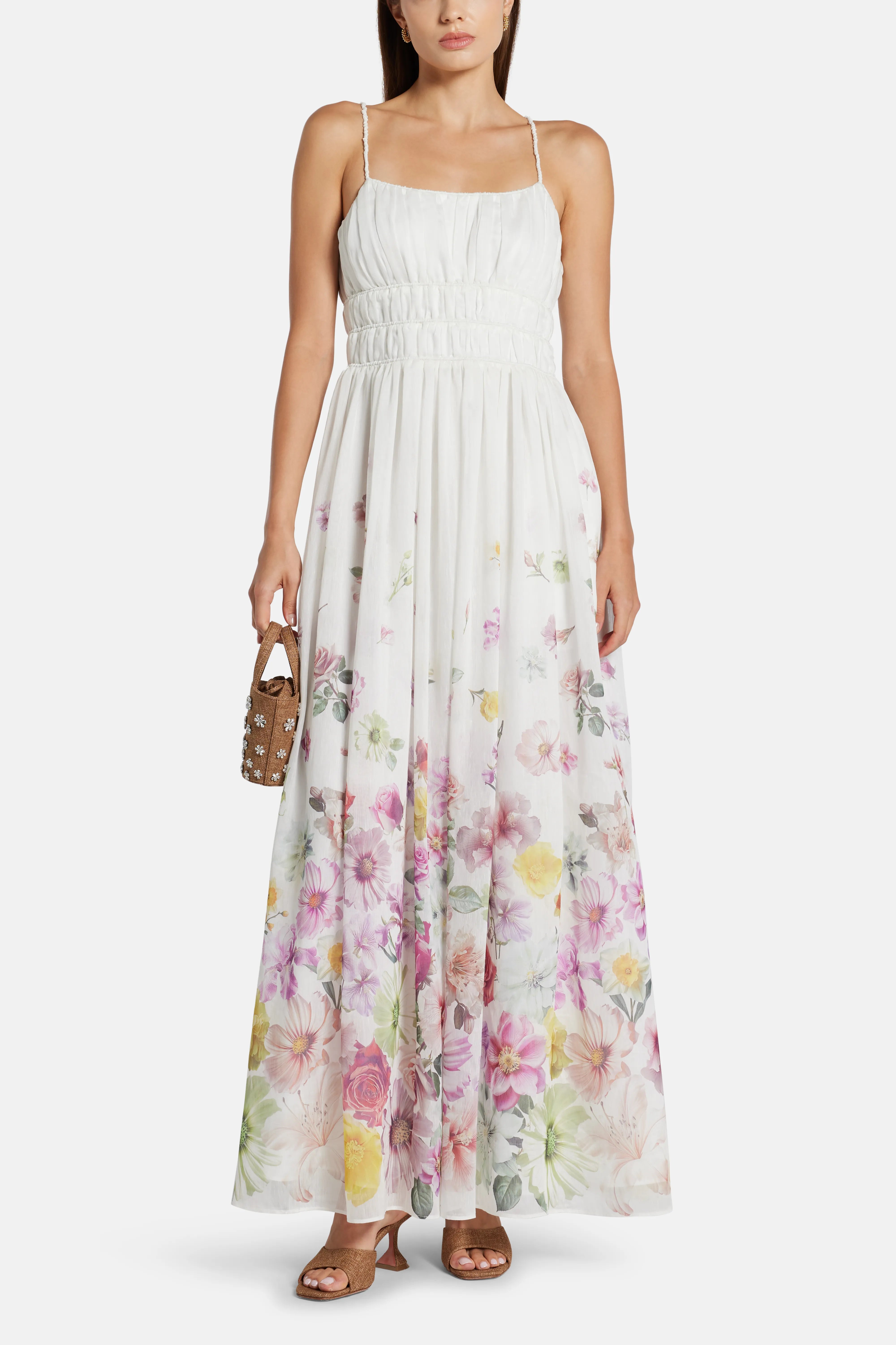 Fleur Patterned Linen Maxi Dress in White