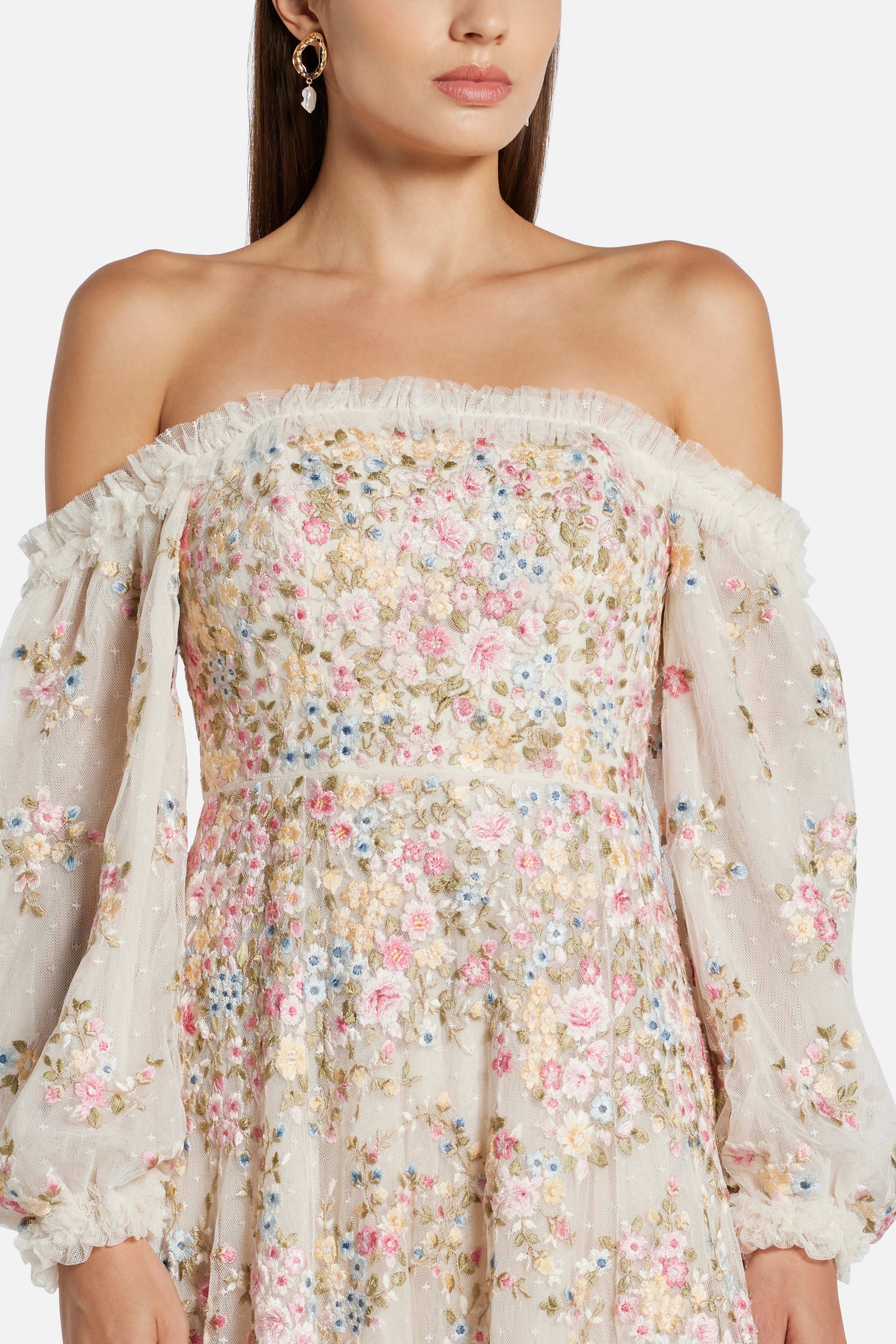 Lunaria Wreath Off Shoulder Floral Midi Dress in Cream