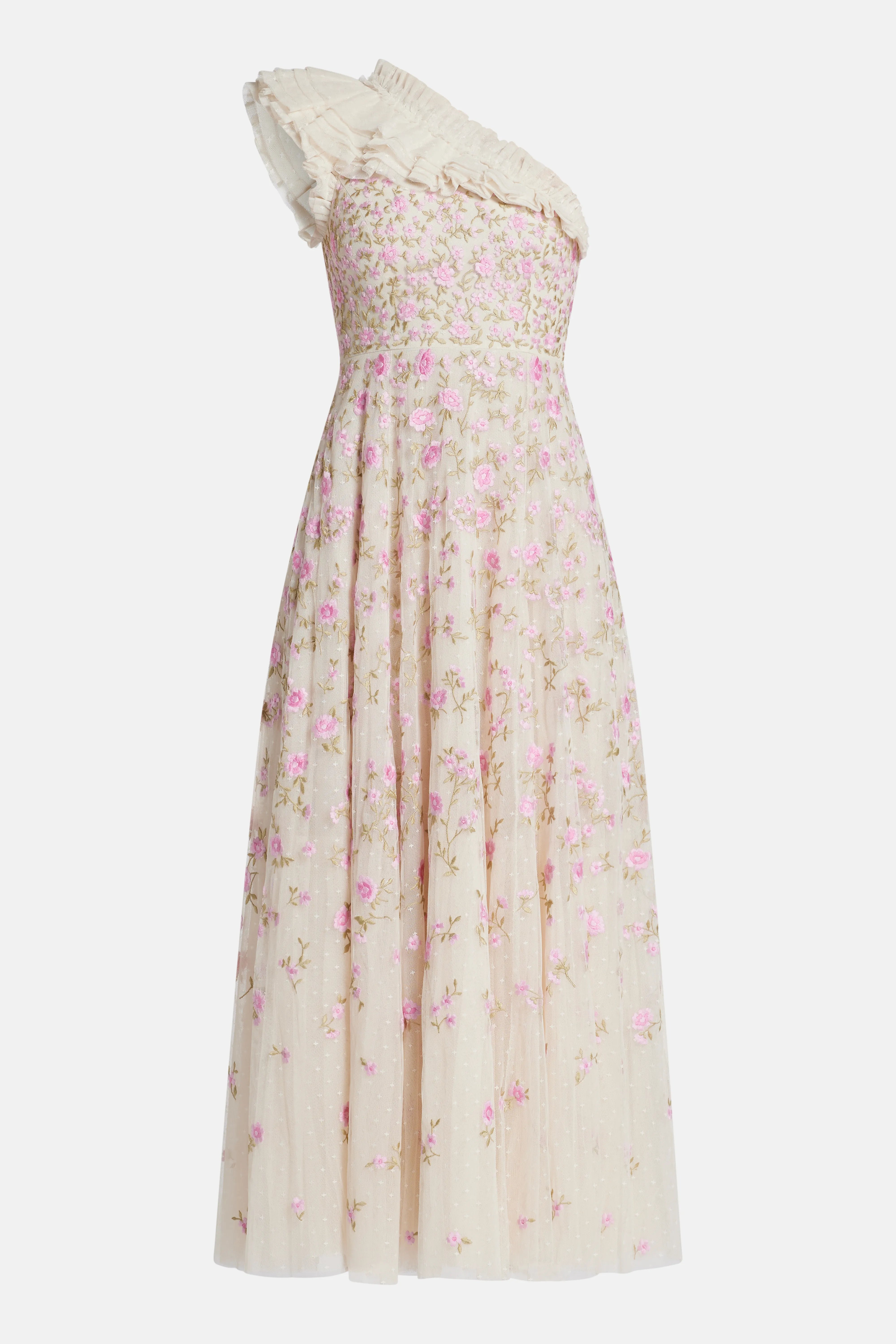 Lea Ditsy One Shoulder Floral Midi Dress in Pink