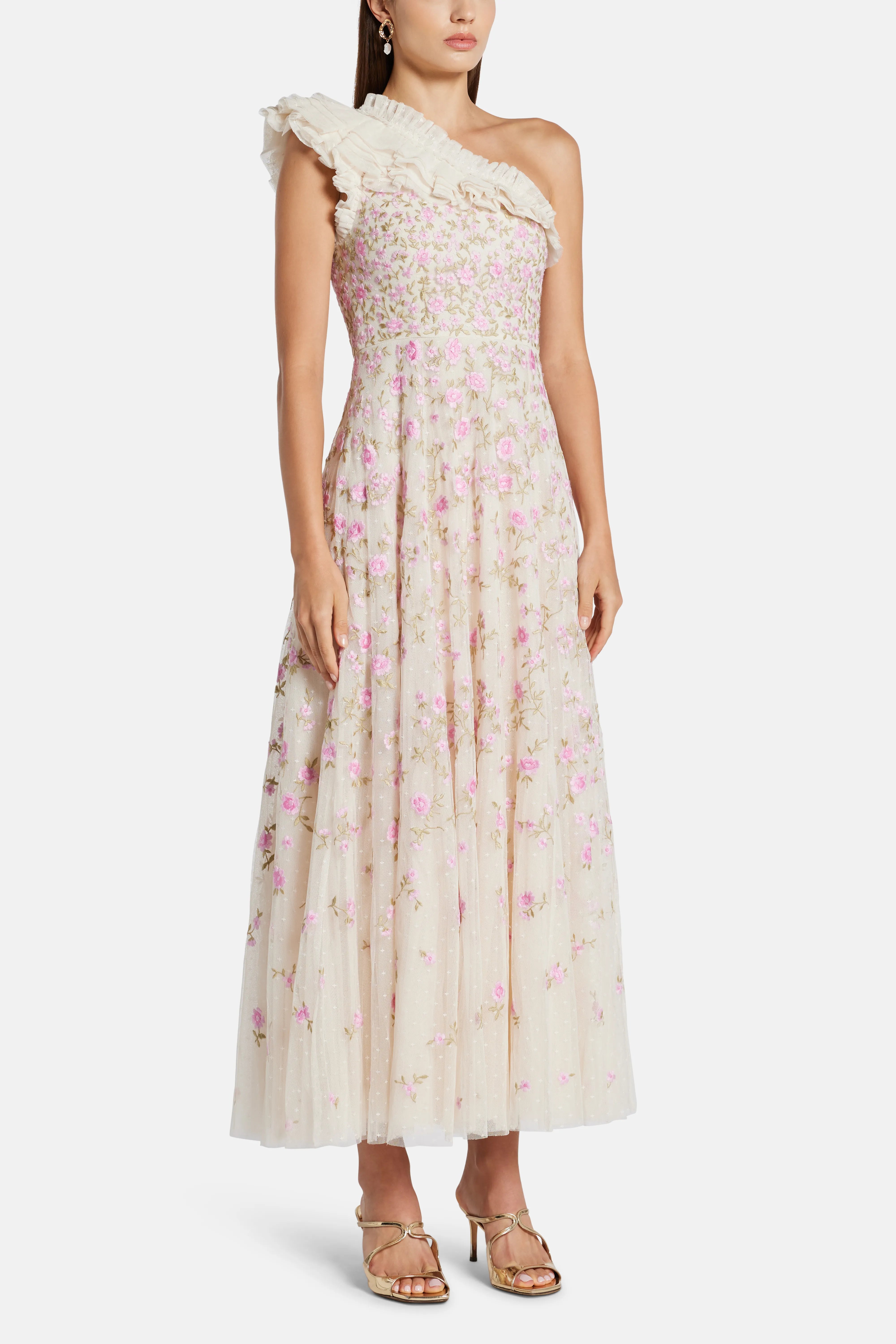 Lea Ditsy One Shoulder Floral Midi Dress in Pink