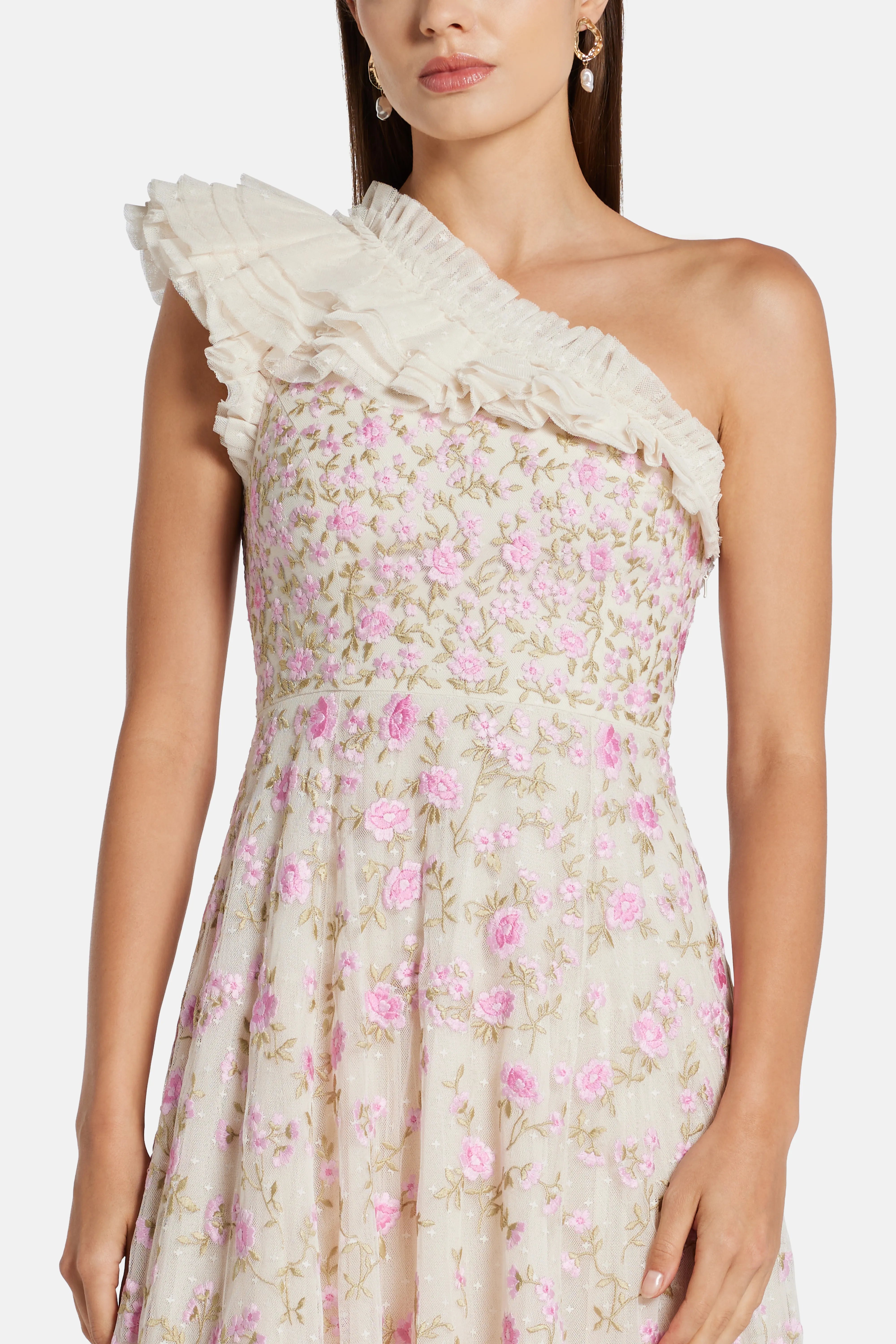 Lea Ditsy One Shoulder Floral Midi Dress in Pink