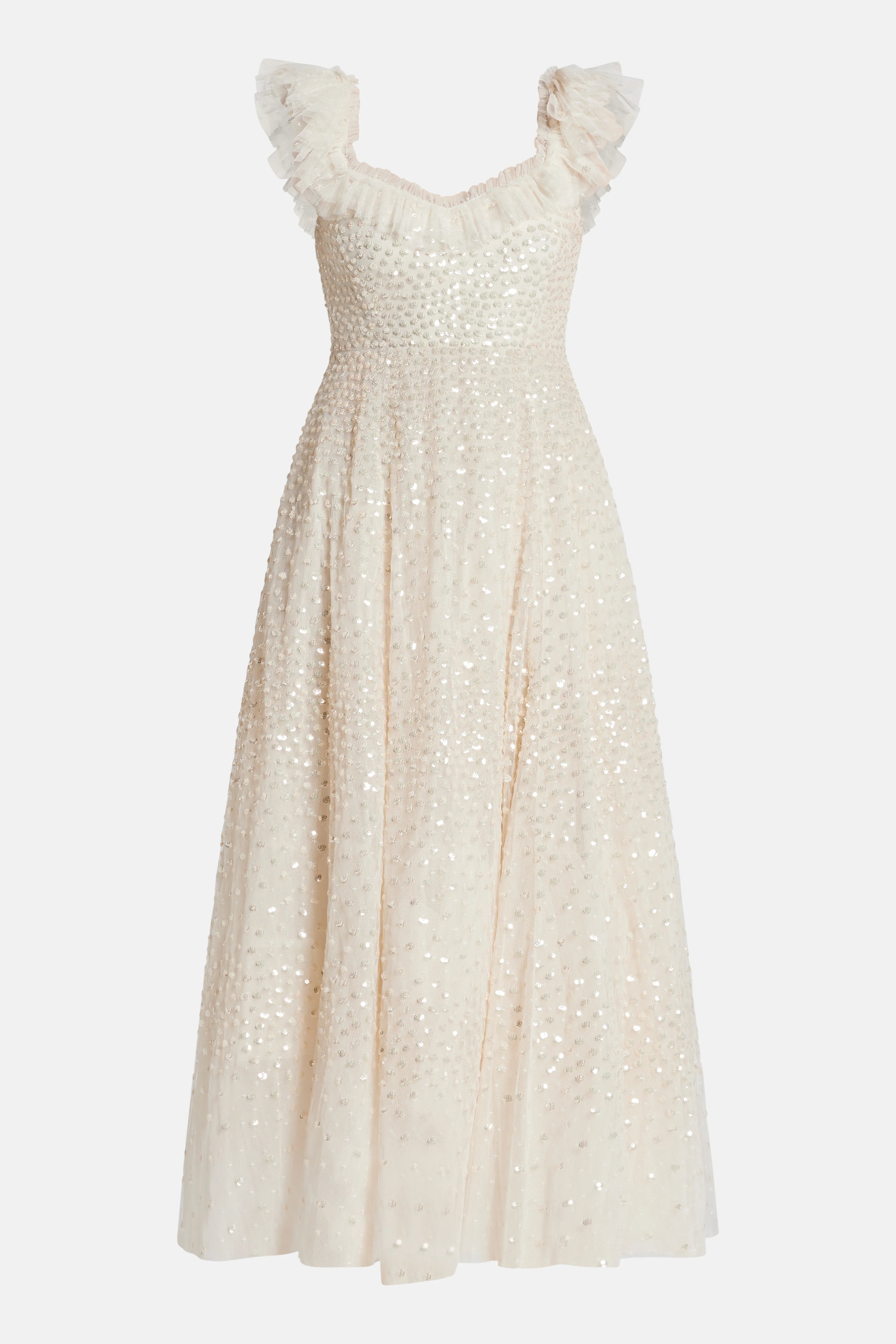 Scatter Dot Ruffle Sequin Midi Dress in Cream