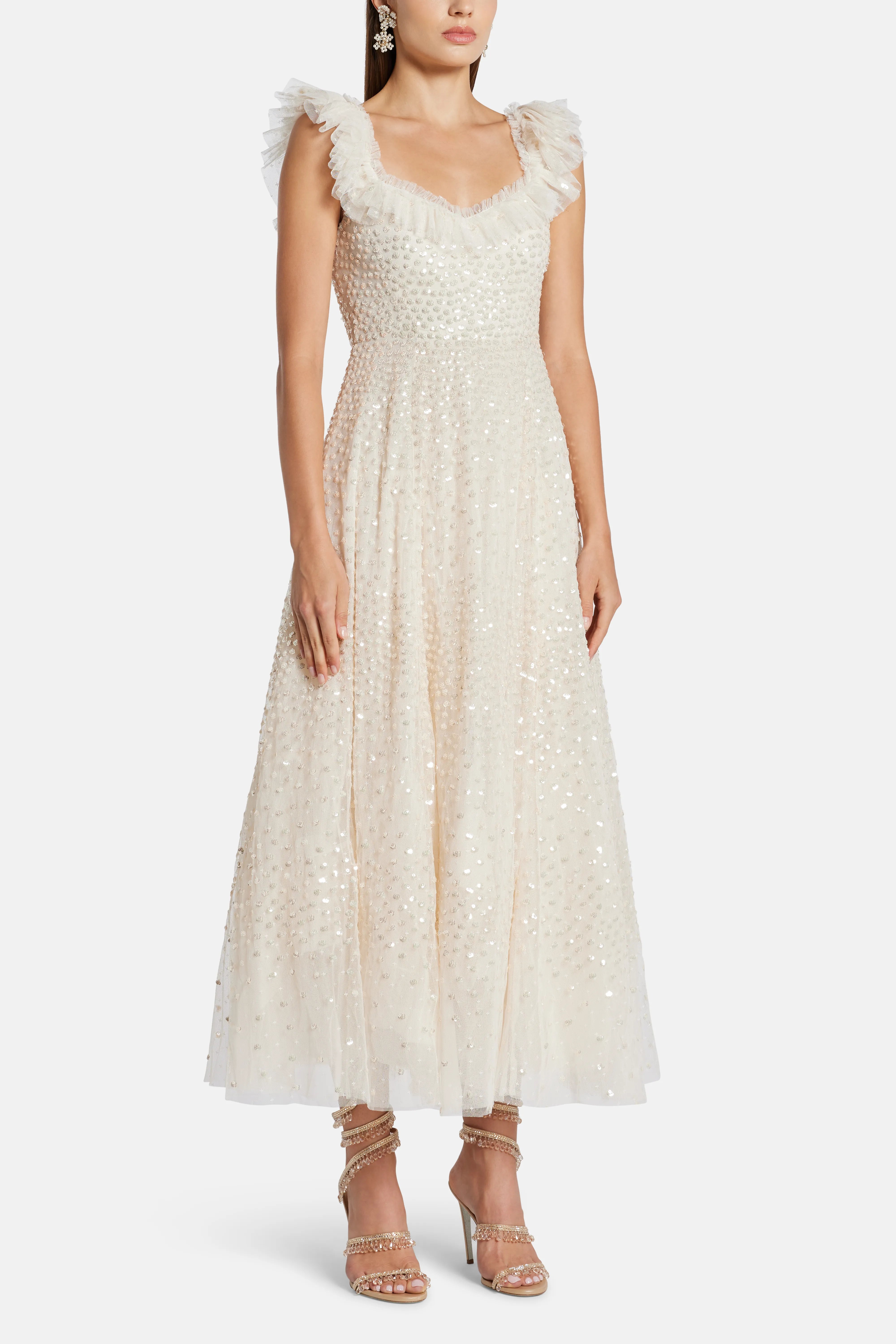 Scatter Dot Ruffle Sequin Midi Dress in Cream