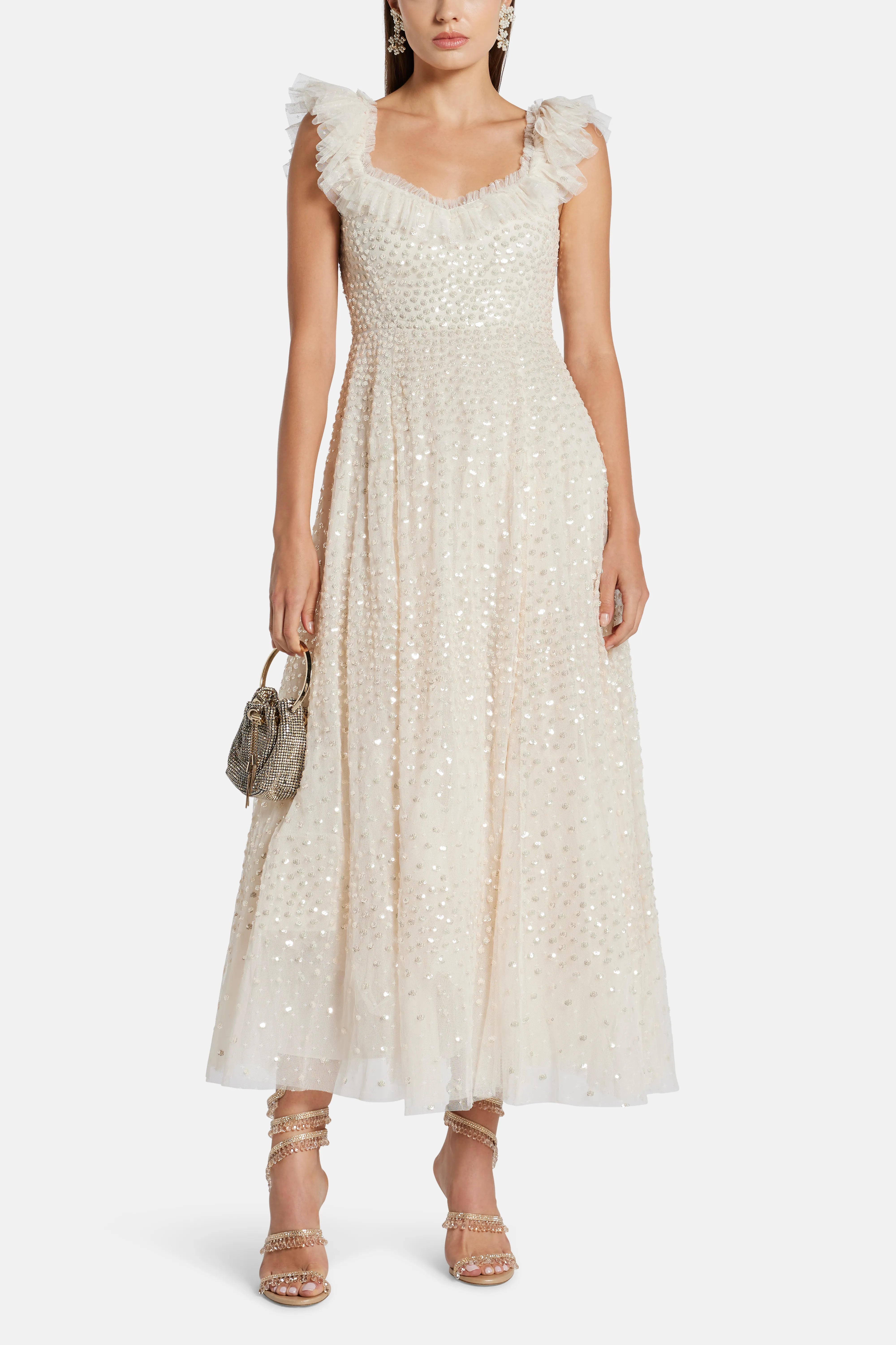 Scatter Dot Ruffle Sequin Midi Dress in Cream