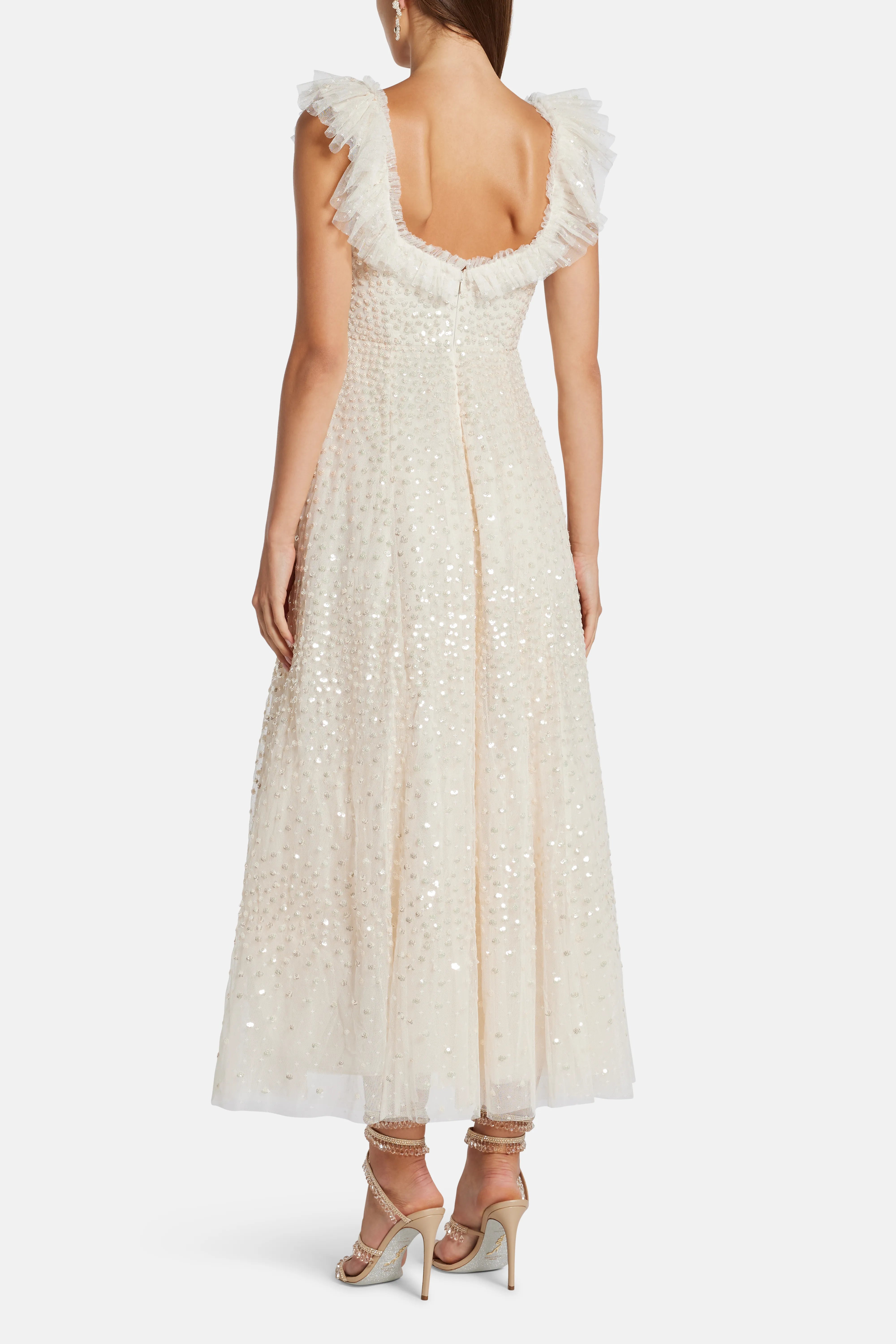 Scatter Dot Ruffle Sequin Midi Dress in Cream