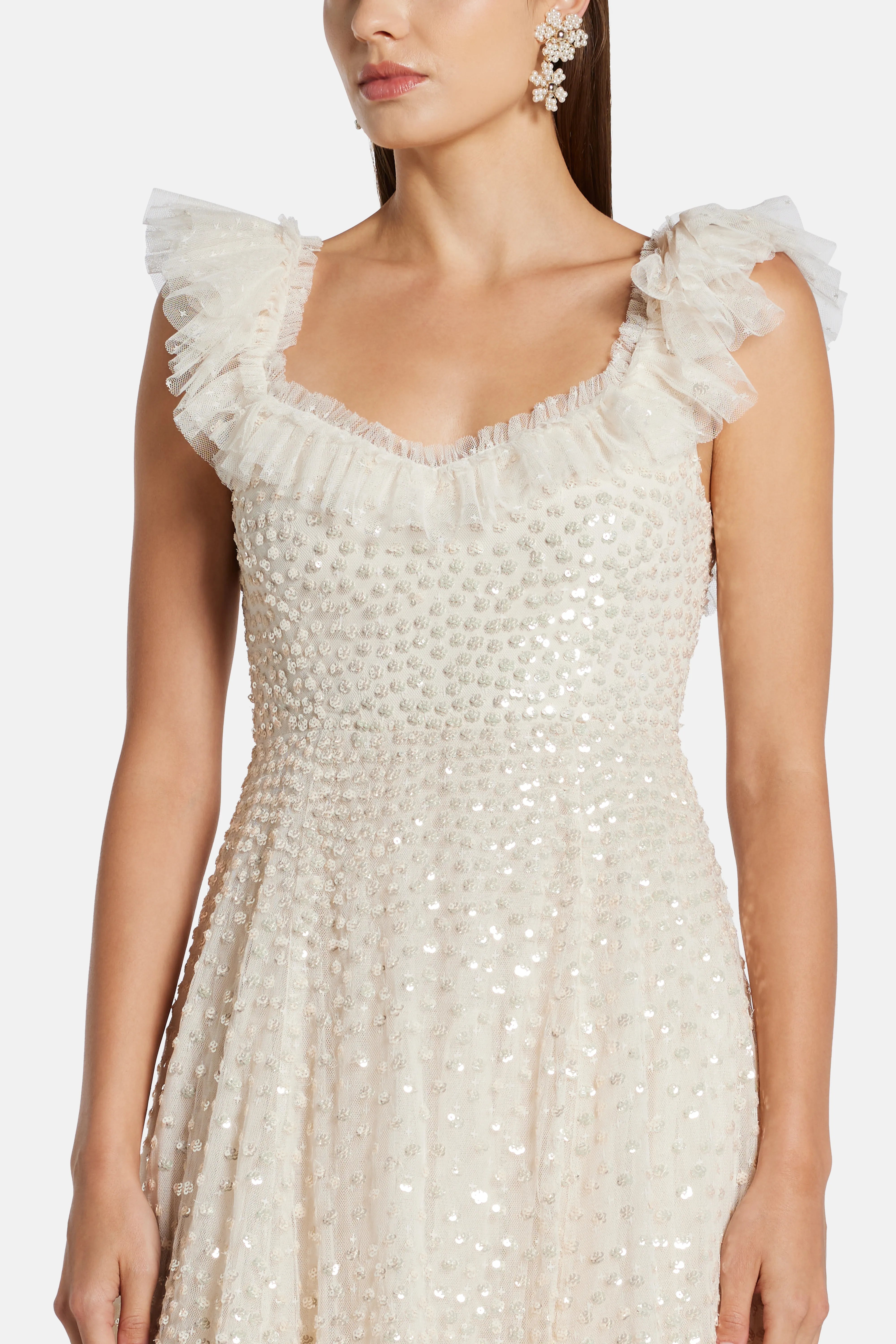 Scatter Dot Ruffle Sequin Midi Dress in Cream