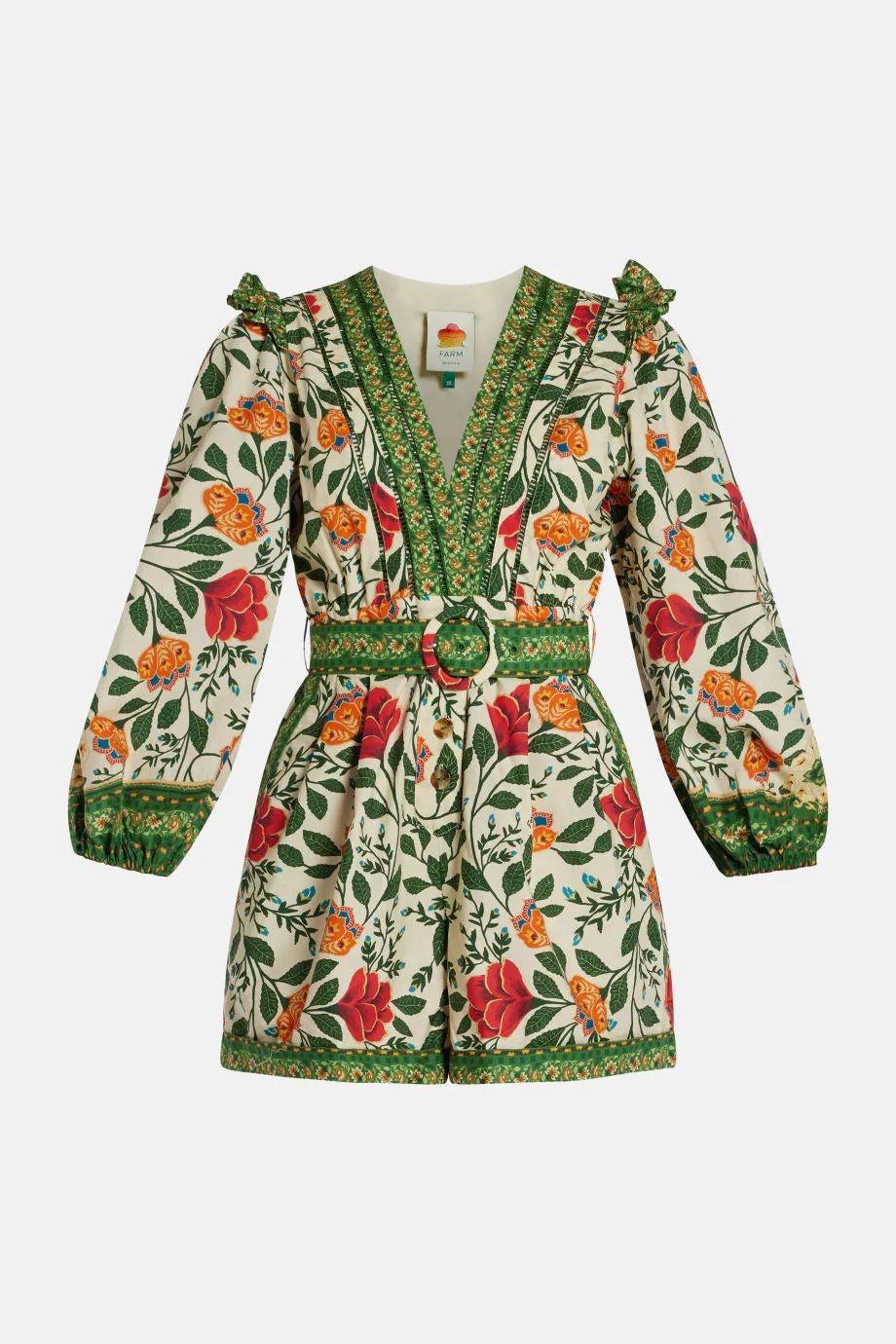 Garden Tapestry Sand Floral Cotton Romper Jumpsuit in Green