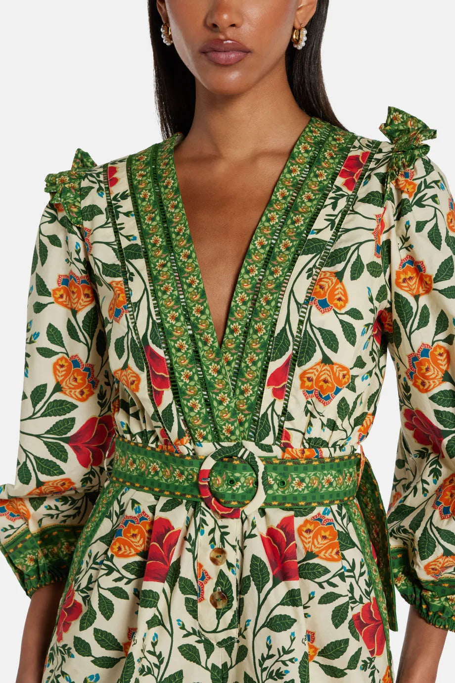 Garden Tapestry Sand Floral Cotton Romper Jumpsuit in Green