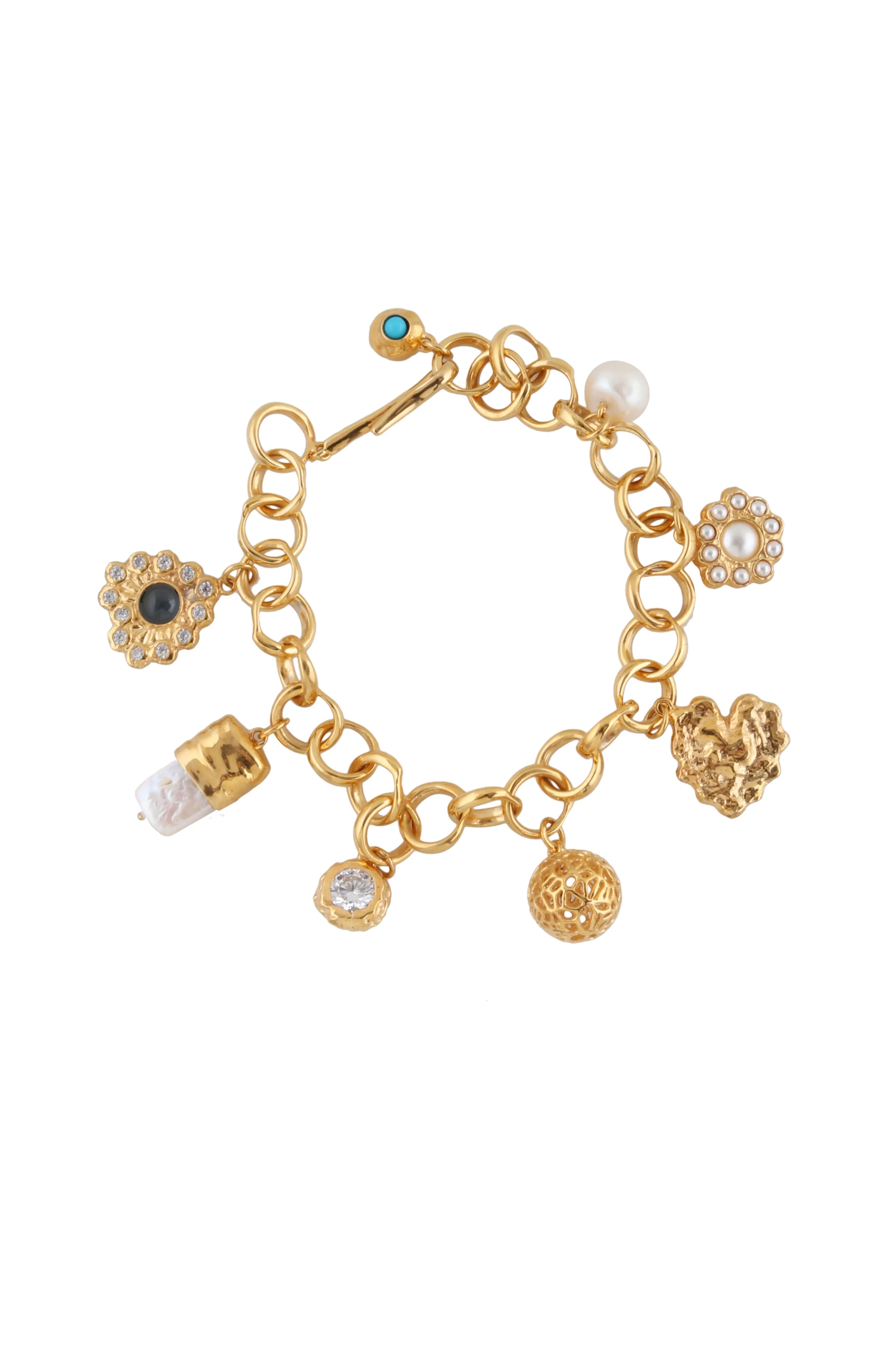 Chain Bracelet With Multi Charms And Mini White Pearls in Gold