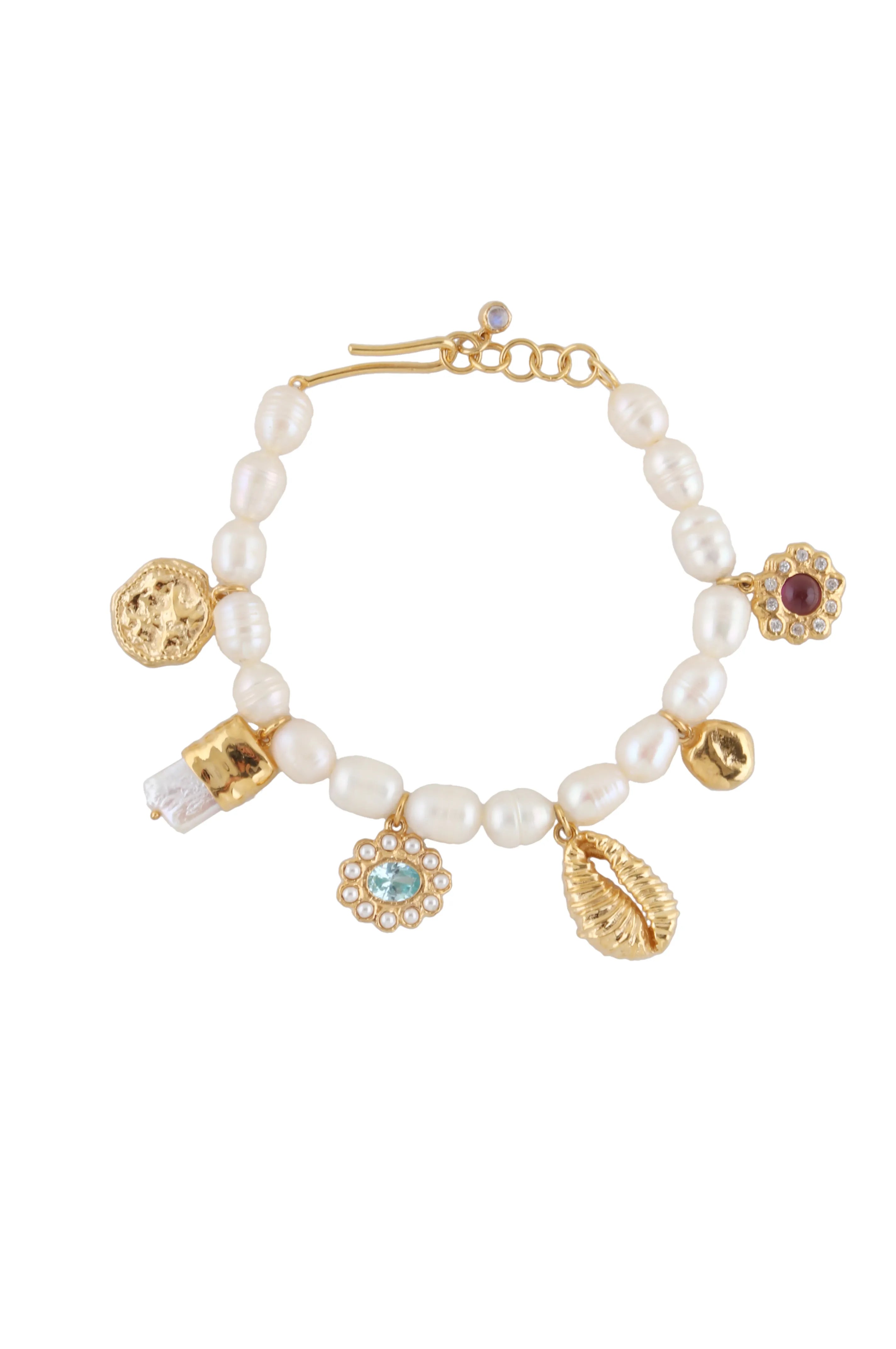 White Pearl Bracelet With Dangling Charms in Gold