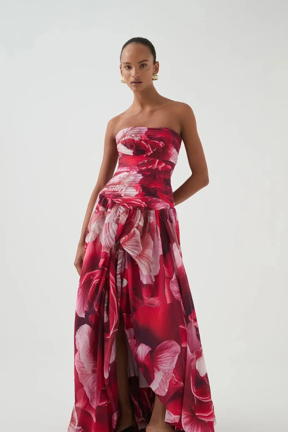 Flora Printed Strapless Maxi Dress in Red