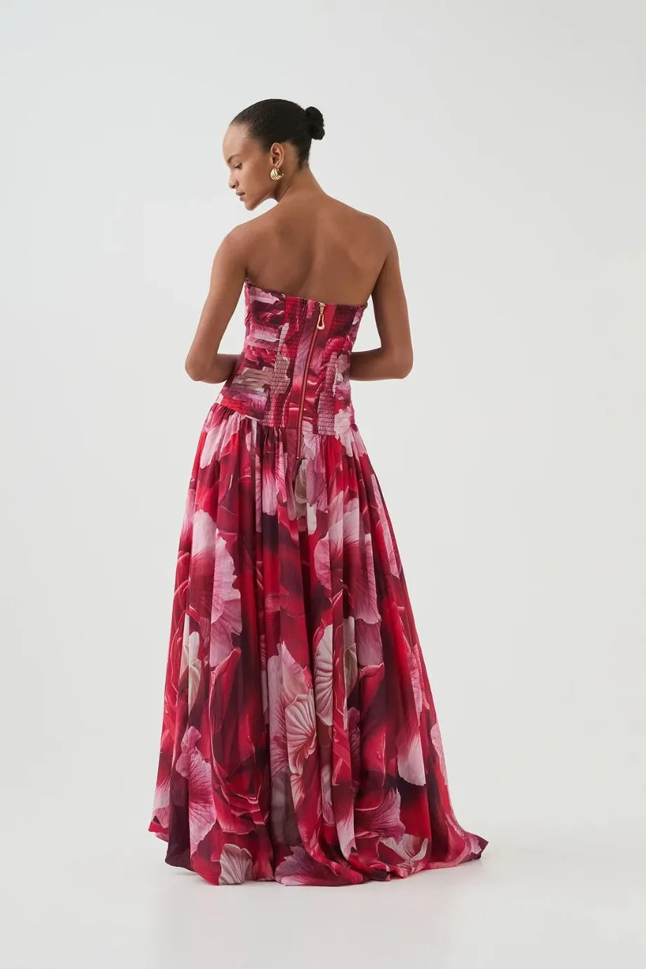 Flora Printed Strapless Maxi Dress in Red