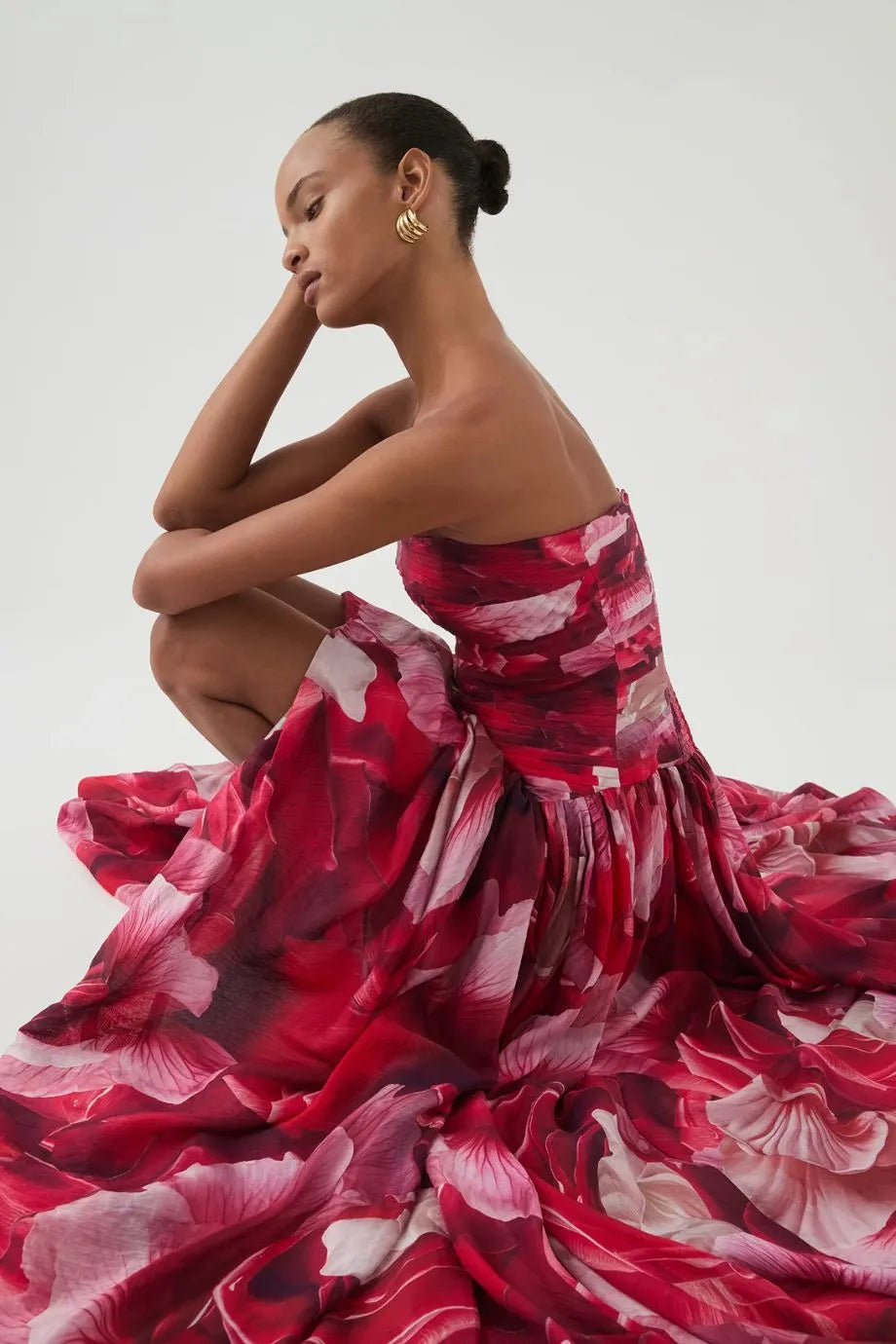 Flora Printed Strapless Maxi Dress in Red