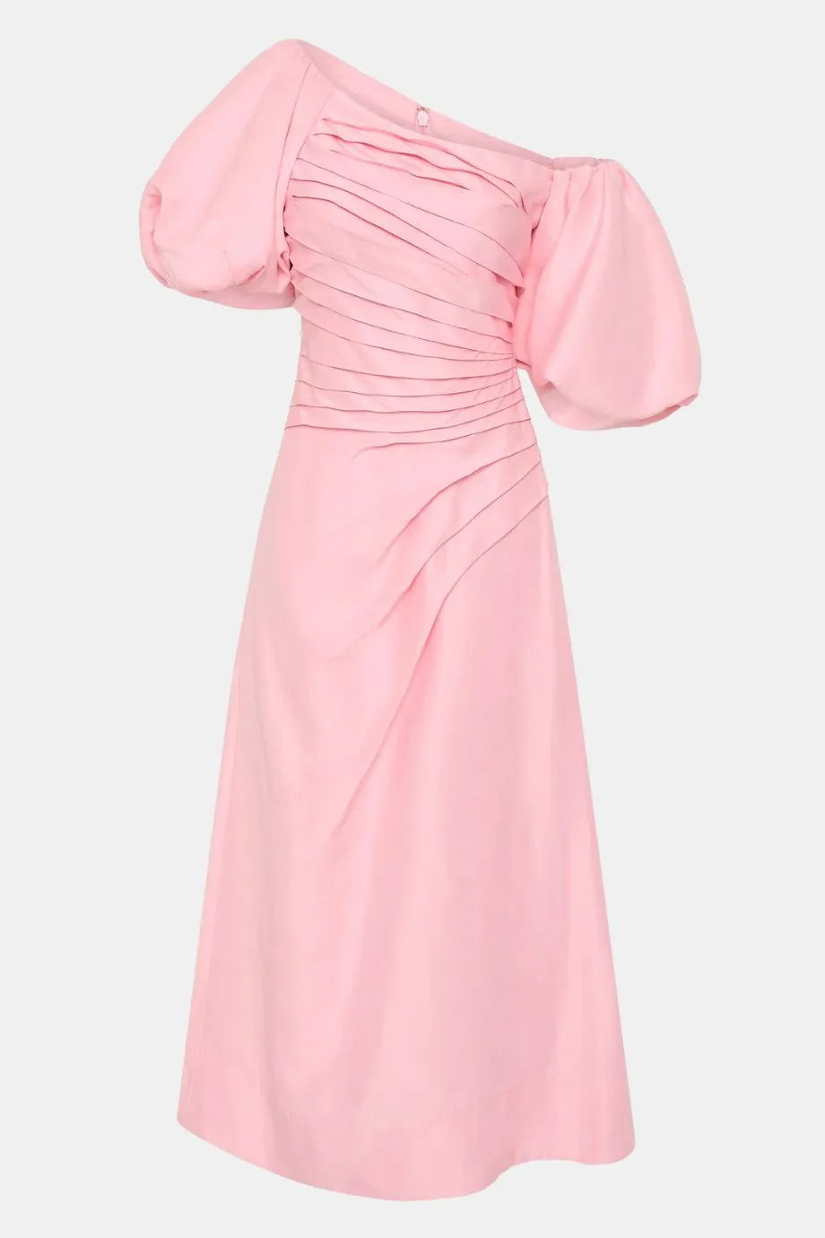 Cadence Ruched Midi Dress with Asymmetrical Neckline in Pink