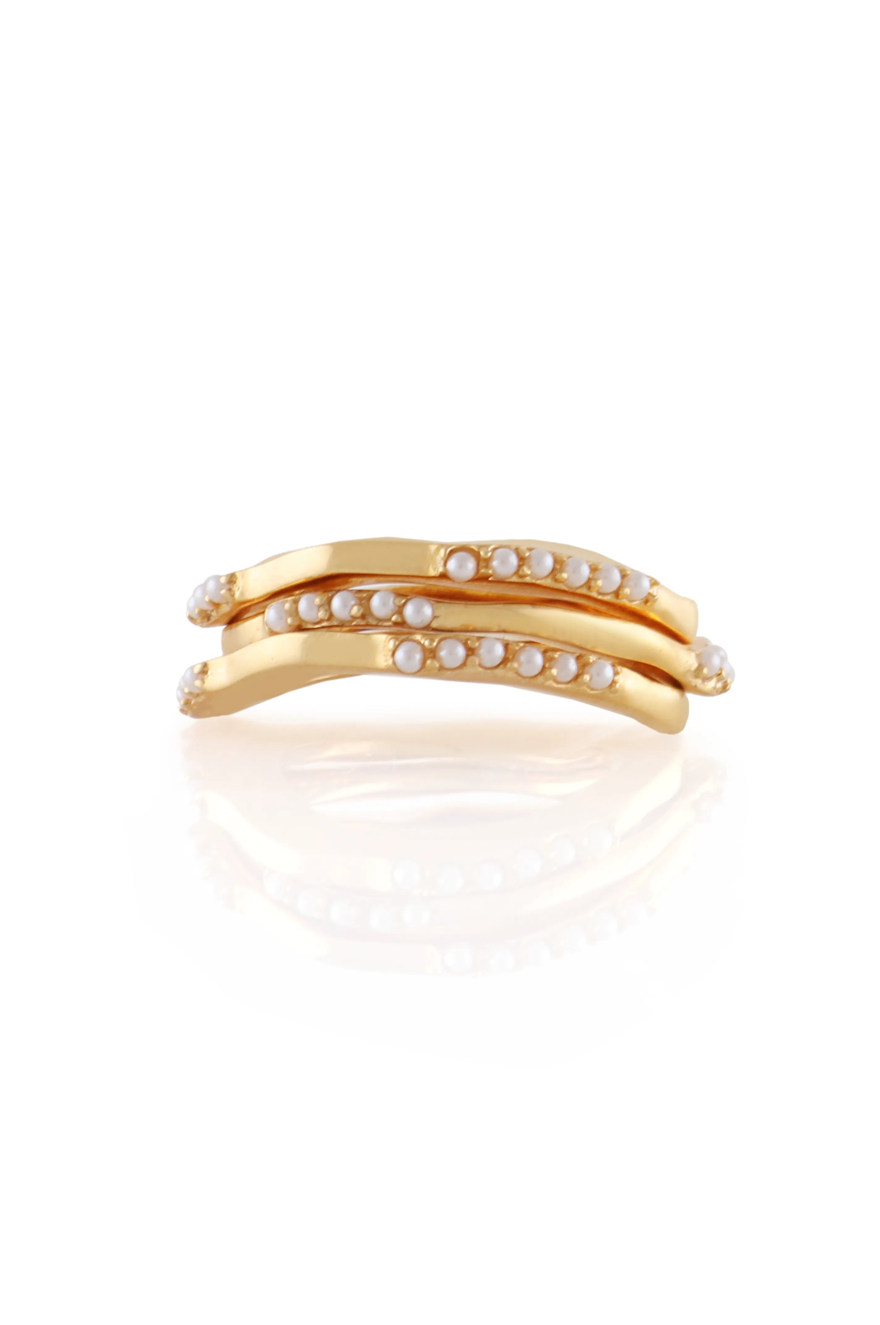 Set Of 3 Wave Gold Rings With Mini White Pearls in Size 7