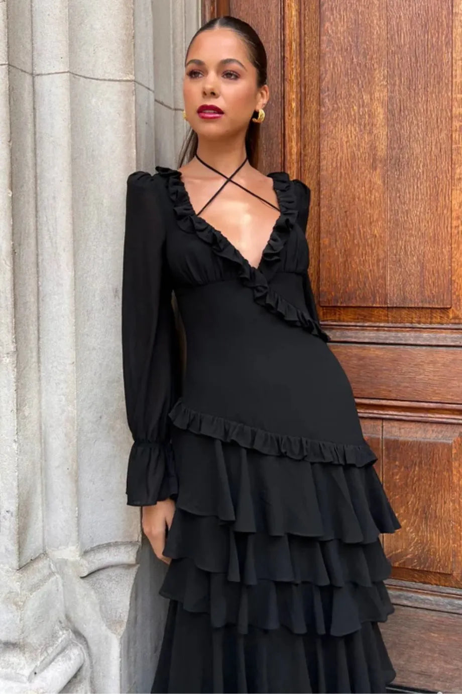 Ruffle Tiered Low Back Maxi Dress in Black