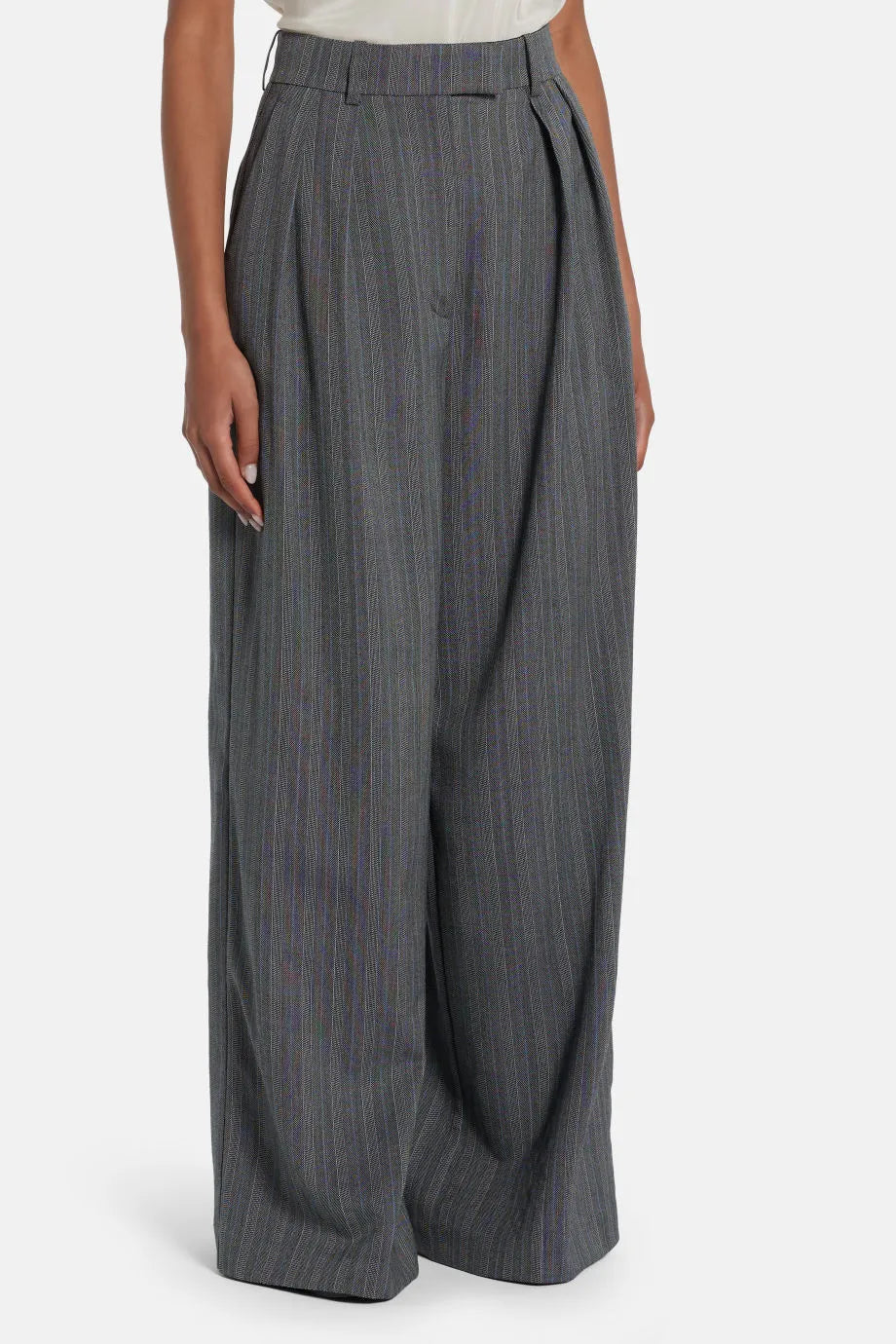 Lou Striped Wool Wide Legged Trousers in Grey