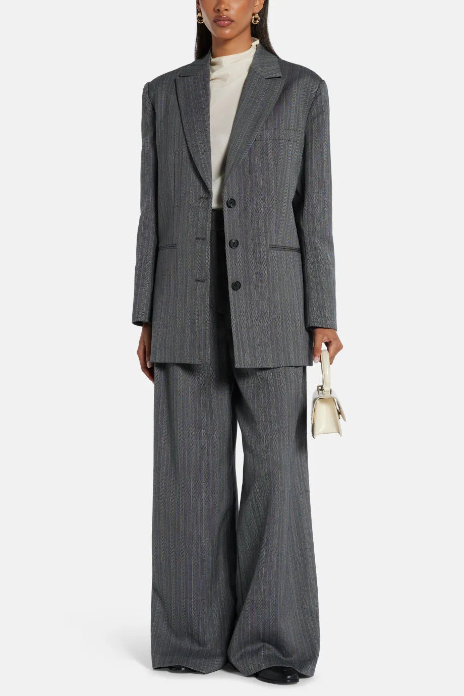 Lou Striped Wool Wide Legged Trousers in Grey