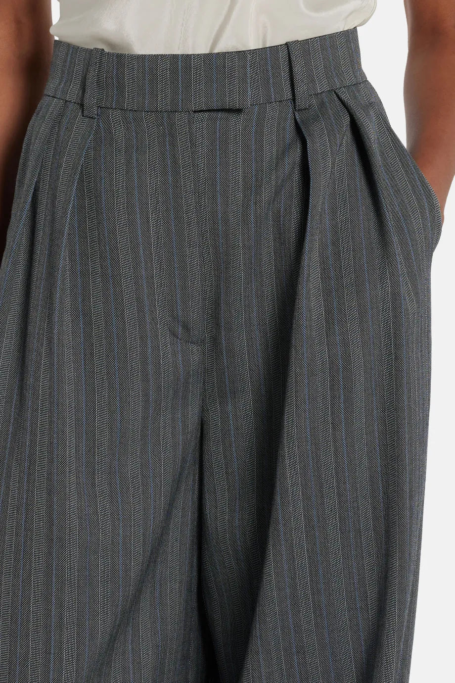 Lou Striped Wool Wide Legged Trousers in Grey