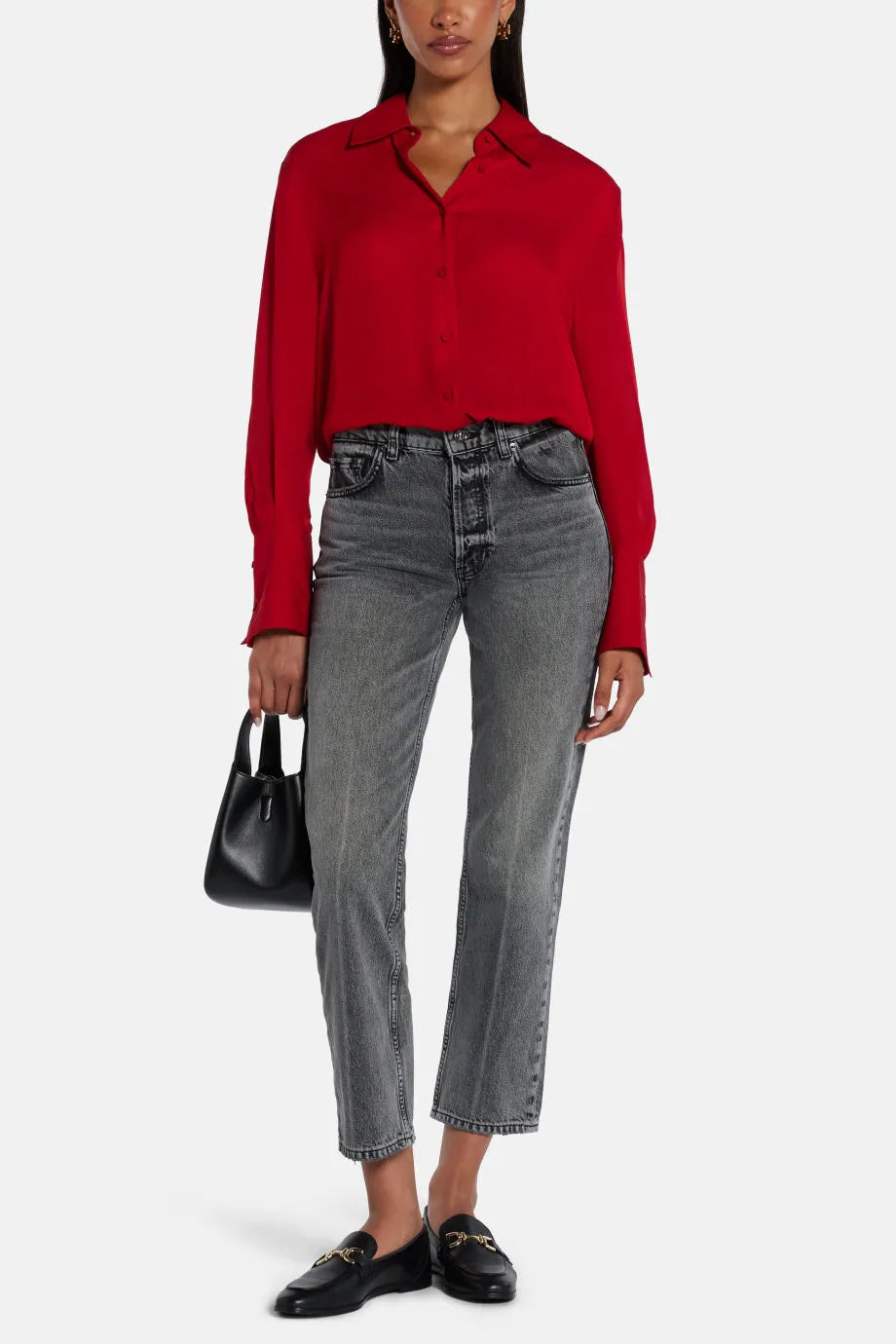 بلوزة حرير بريدجيت بأزرار باللون الحمراء