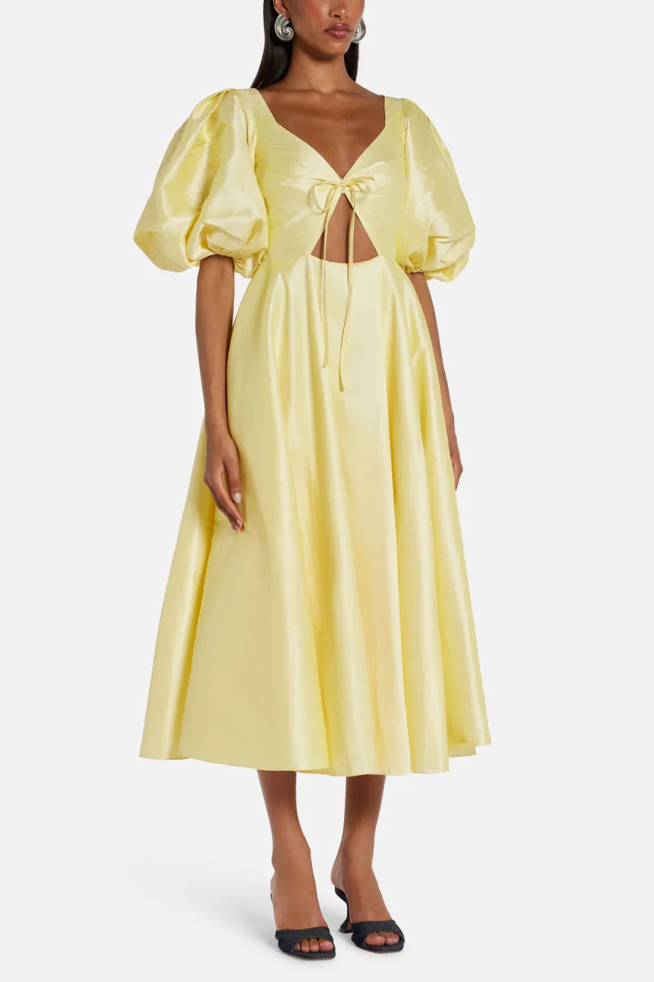 Puff Sleeves Cut Out Midi Dress in Yellow