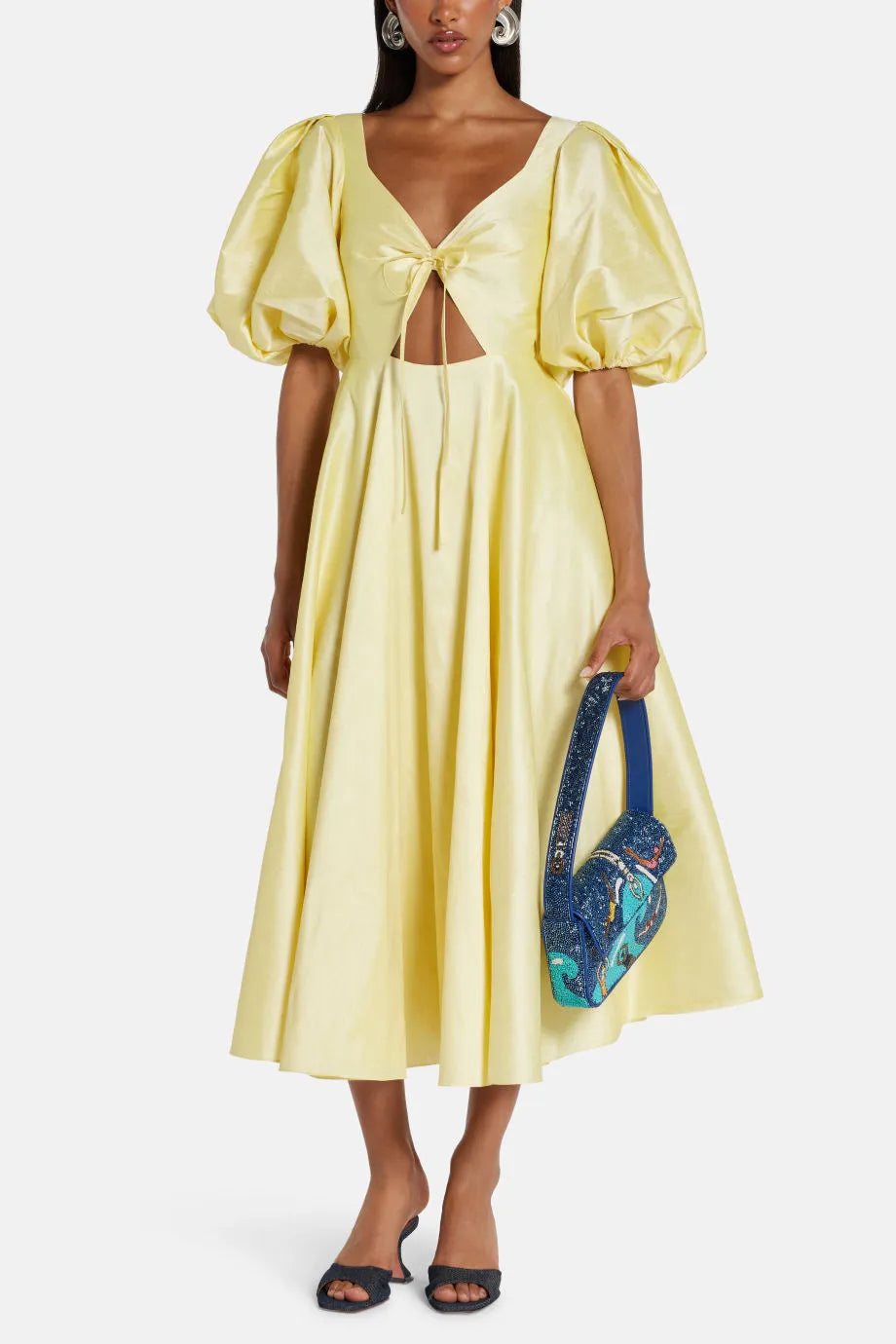 Puff Sleeves Cut Out Midi Dress in Yellow