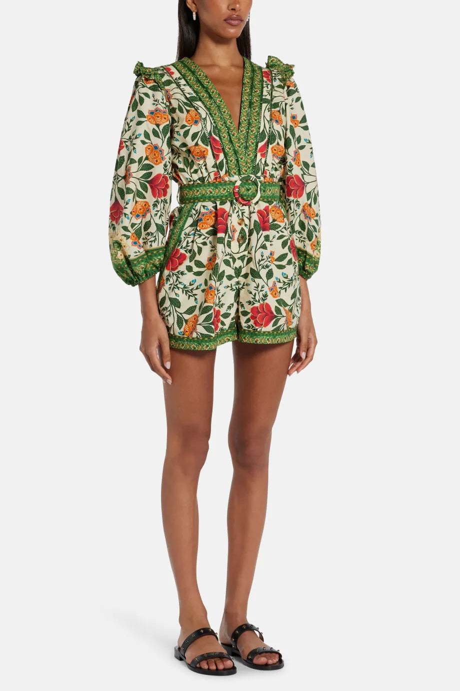 Garden Tapestry Sand Floral Cotton Romper Jumpsuit in Green