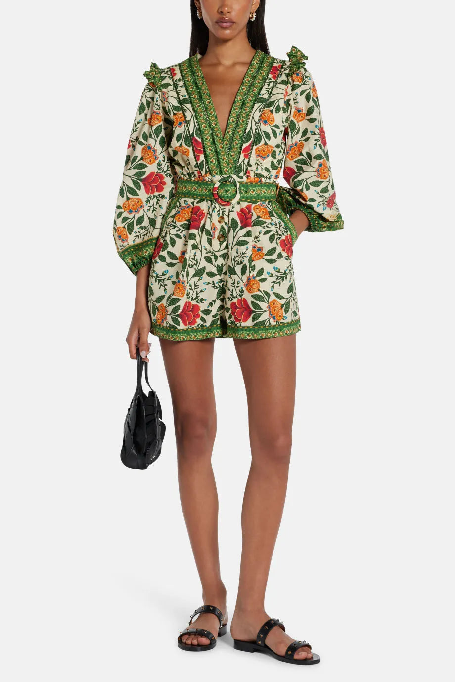 Garden Tapestry Sand Floral Cotton Romper Jumpsuit in Green
