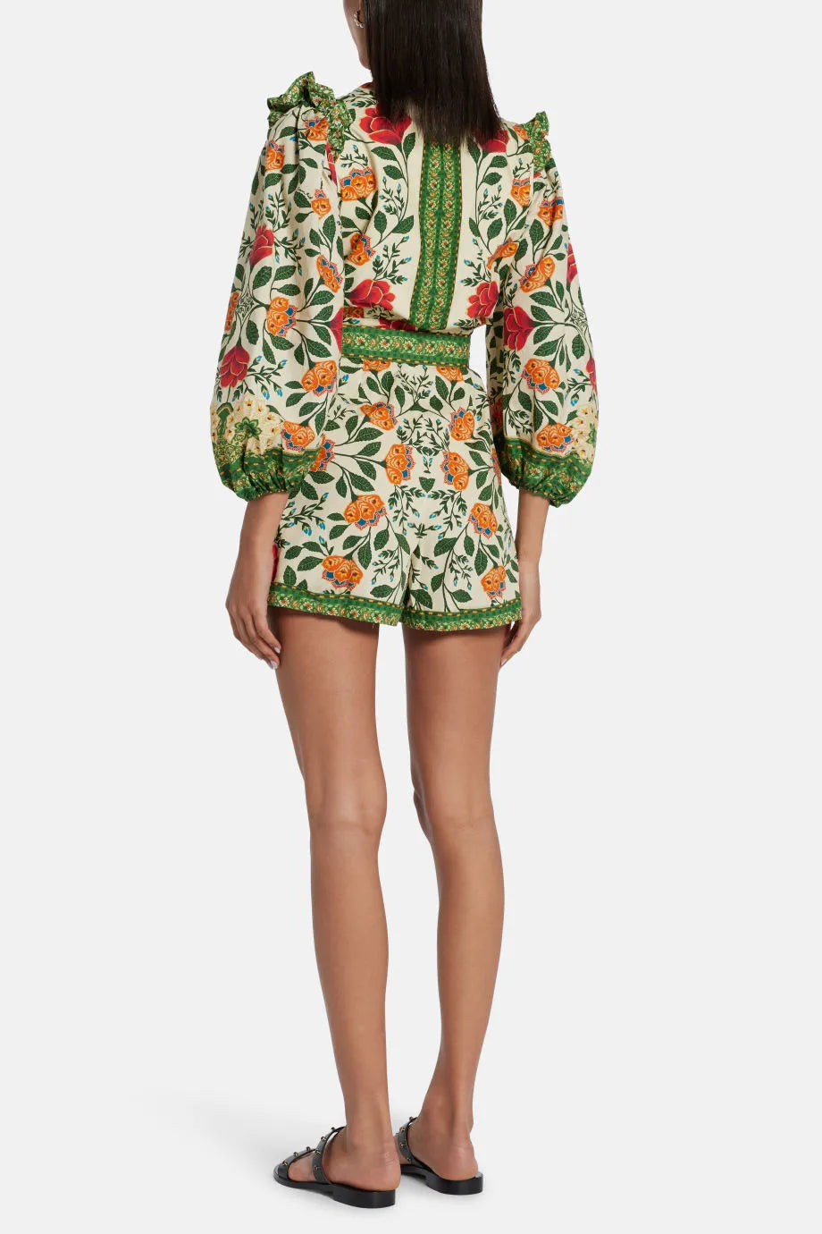 Garden Tapestry Sand Floral Cotton Romper Jumpsuit in Green