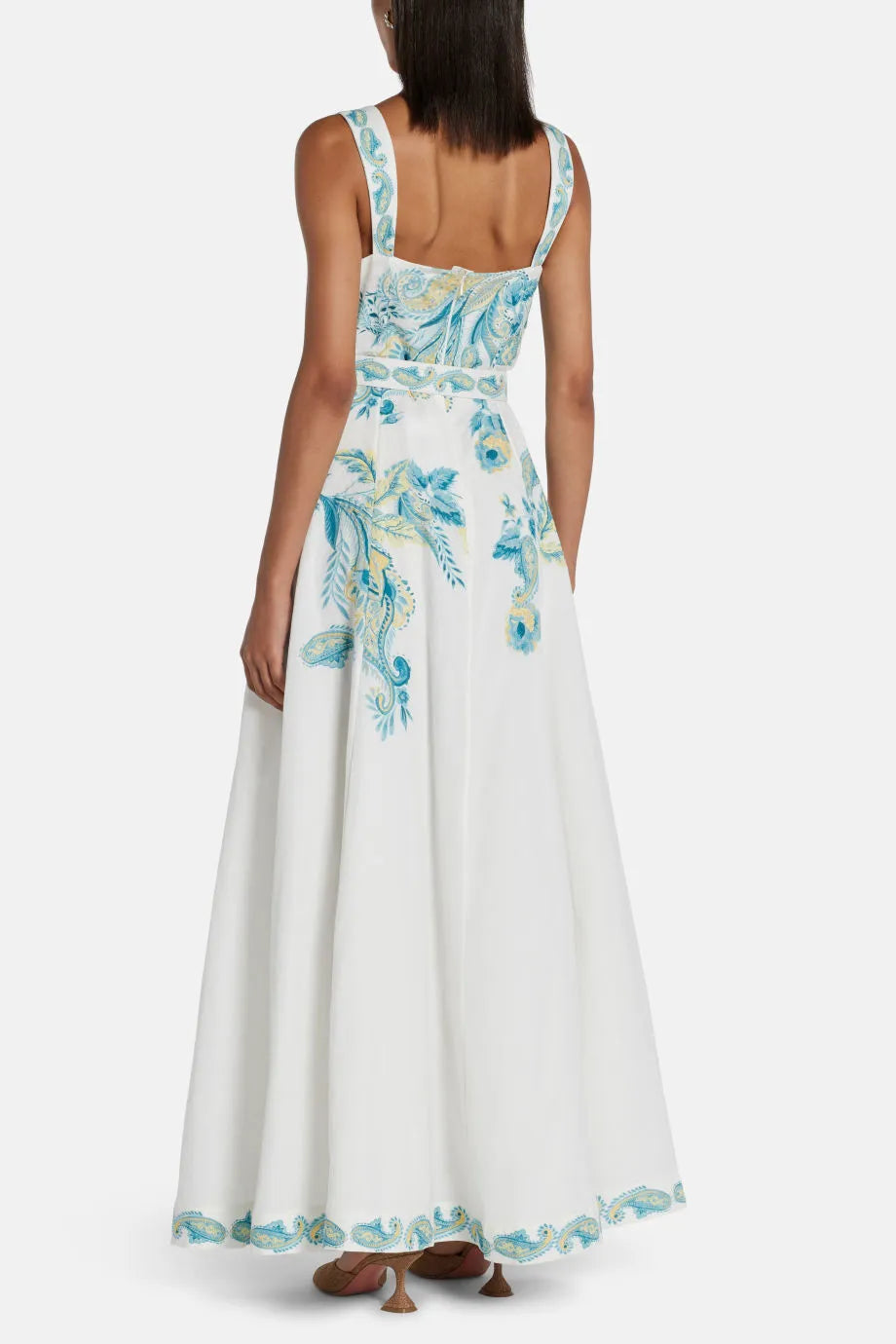 Amari Floral Sleeveless Belted Linen Maxi Dress in White and Blue