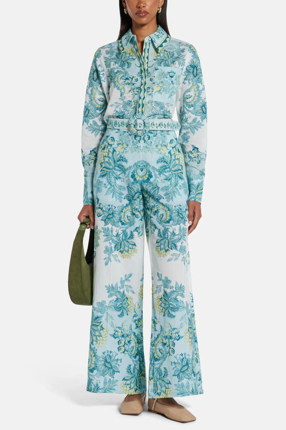 Amari Floral Linen Flared Pants in Blue