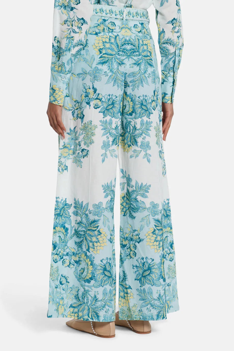 Amari Floral Linen Flared Pants in Blue