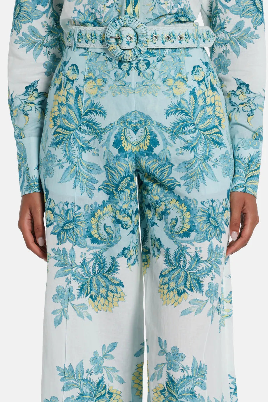 Amari Floral Linen Flared Pants in Blue