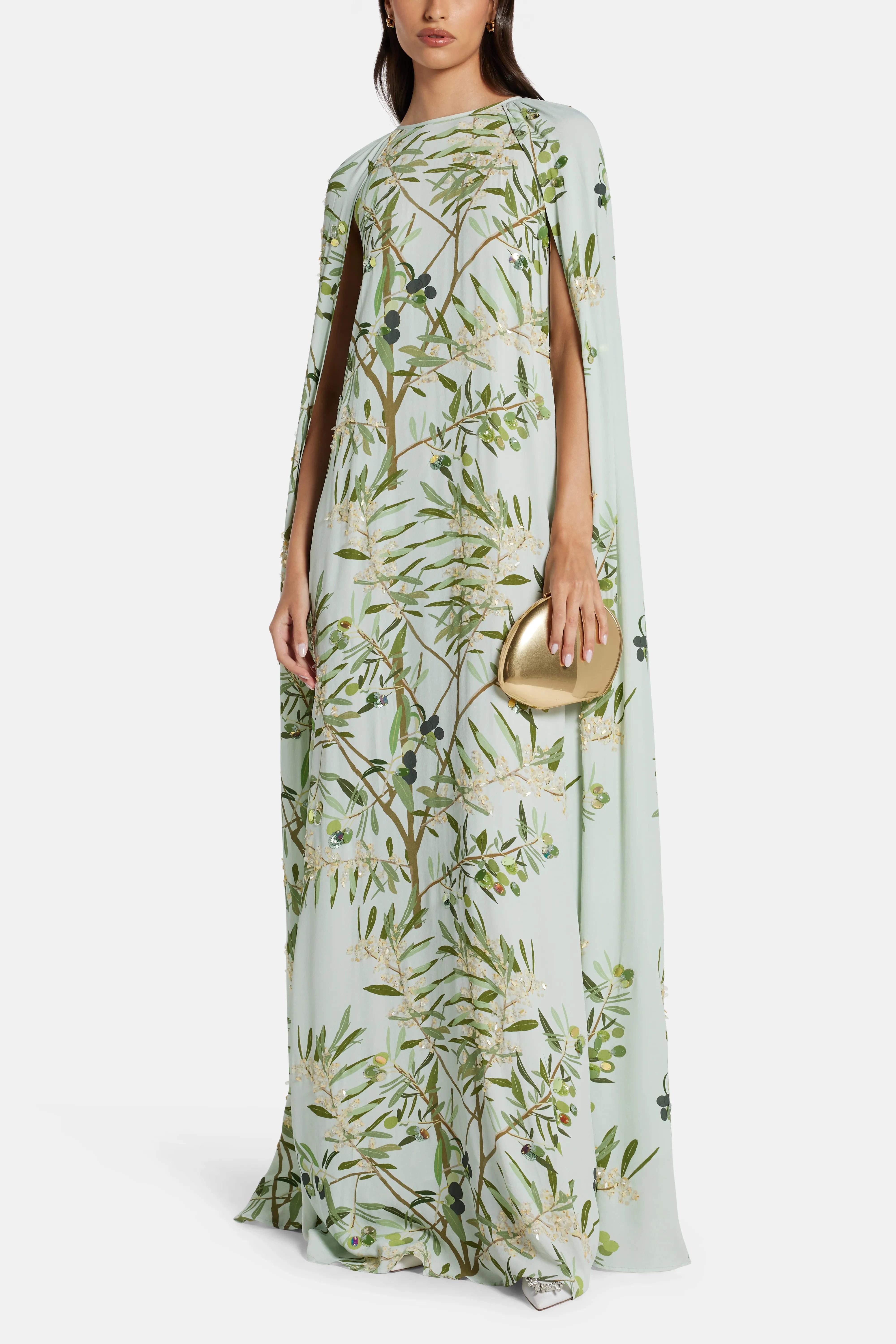 فستان ماكسي مينّي كيب مطرّز باللون الأخضر