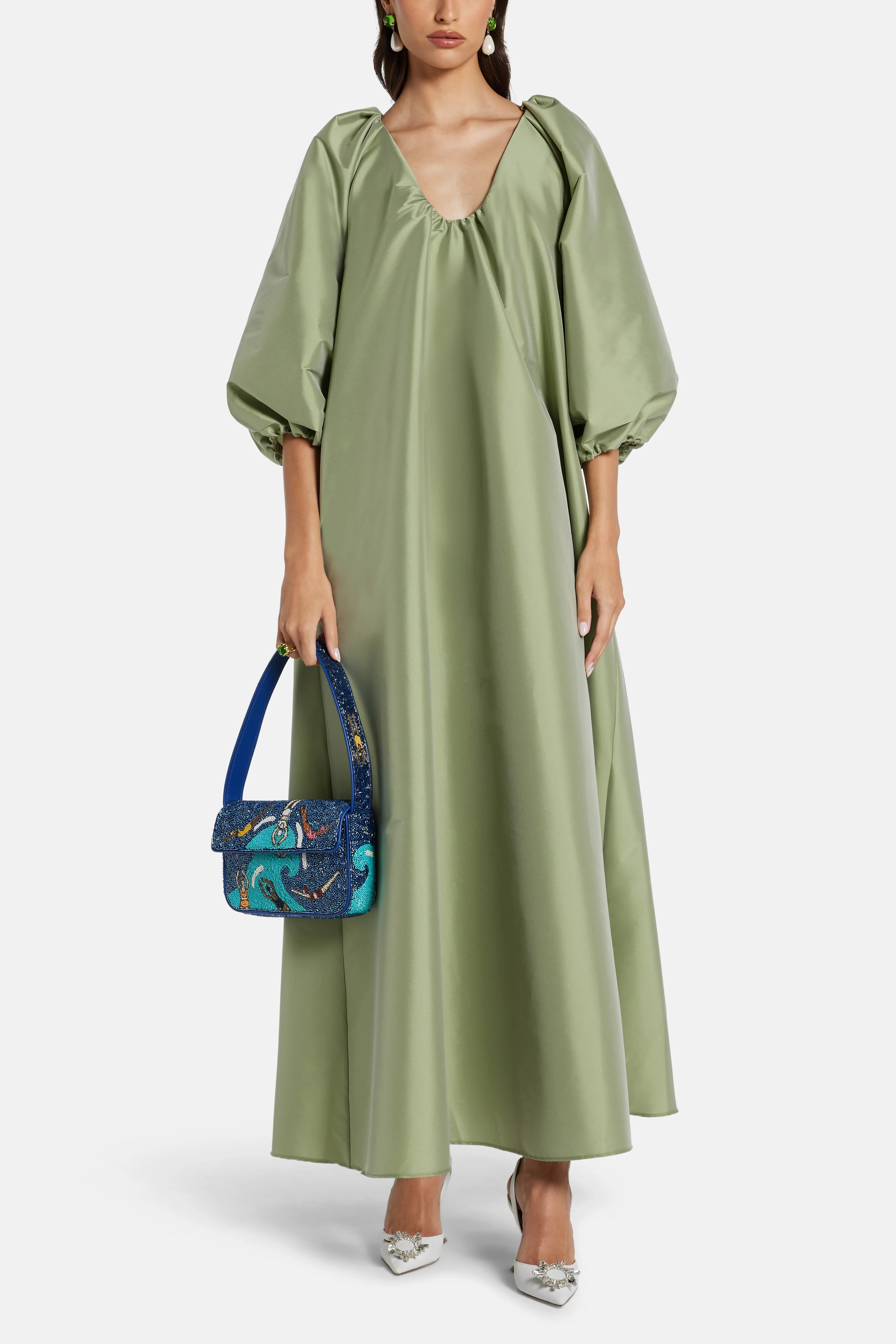 Georgio Puff Sleeves Maxi Dress in Green