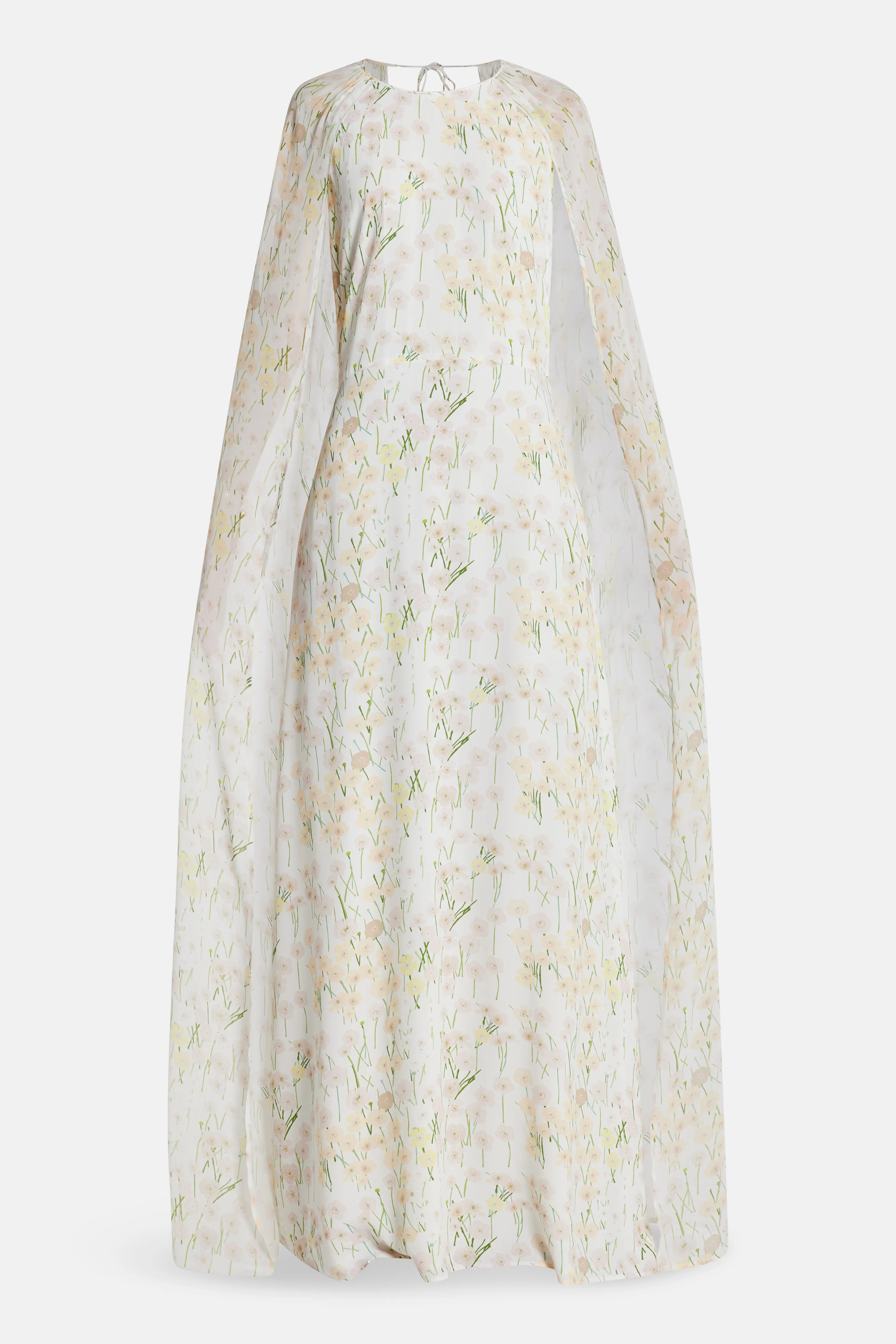 Mina Cape Floral Patterned Backless Maxi Dress in White