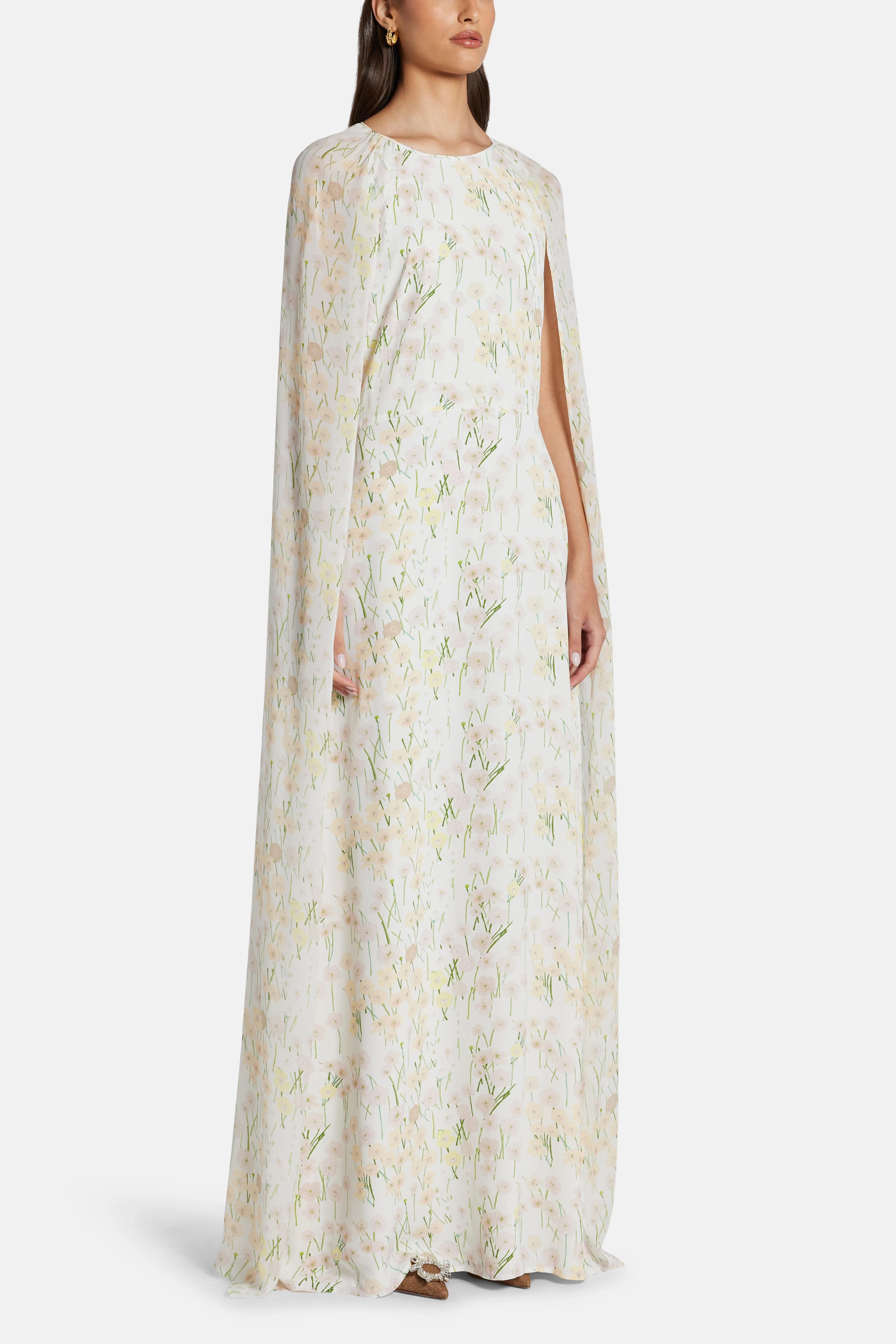 Mina Cape Floral Patterned Backless Maxi Dress in White