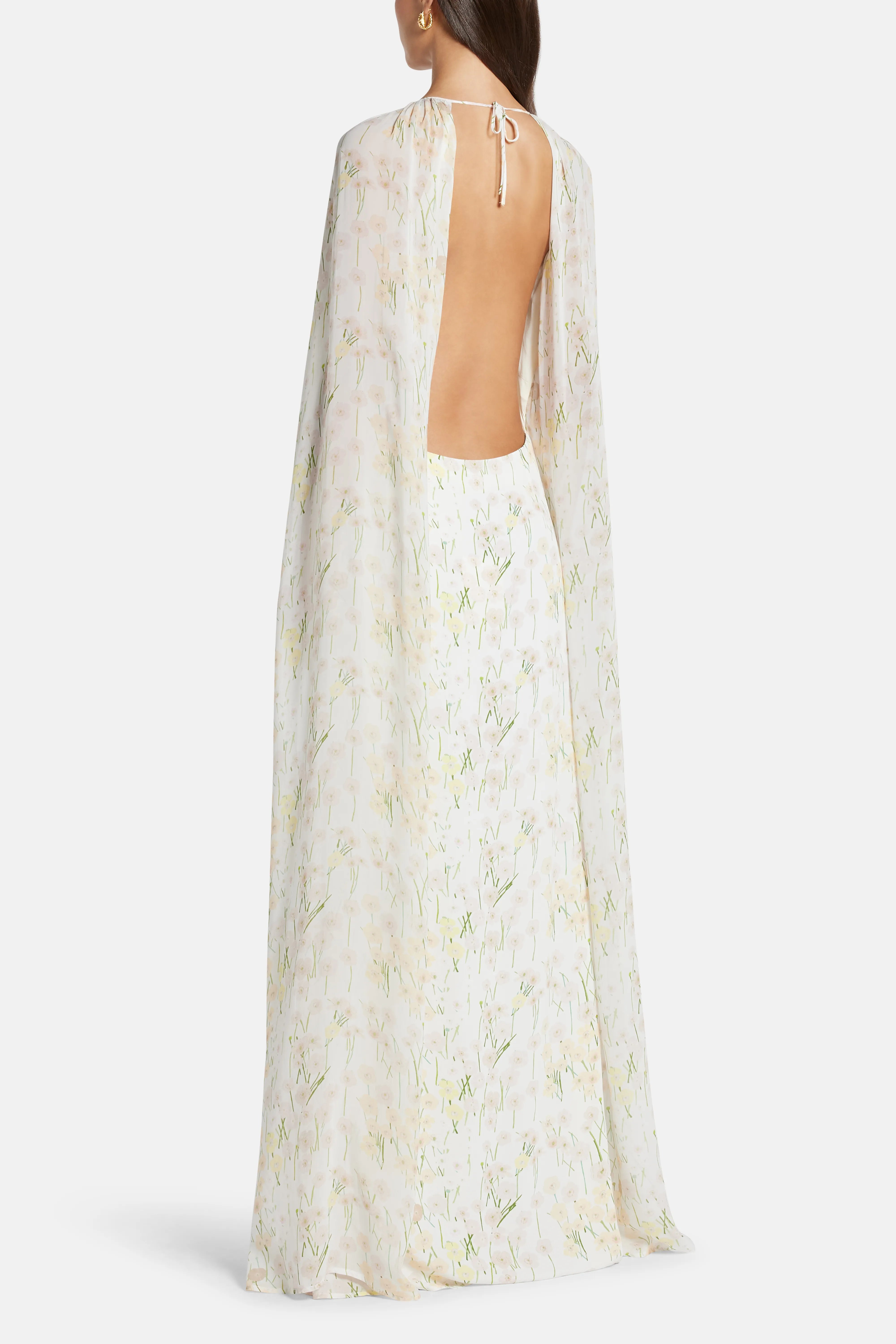 Mina Cape Floral Patterned Backless Maxi Dress in White