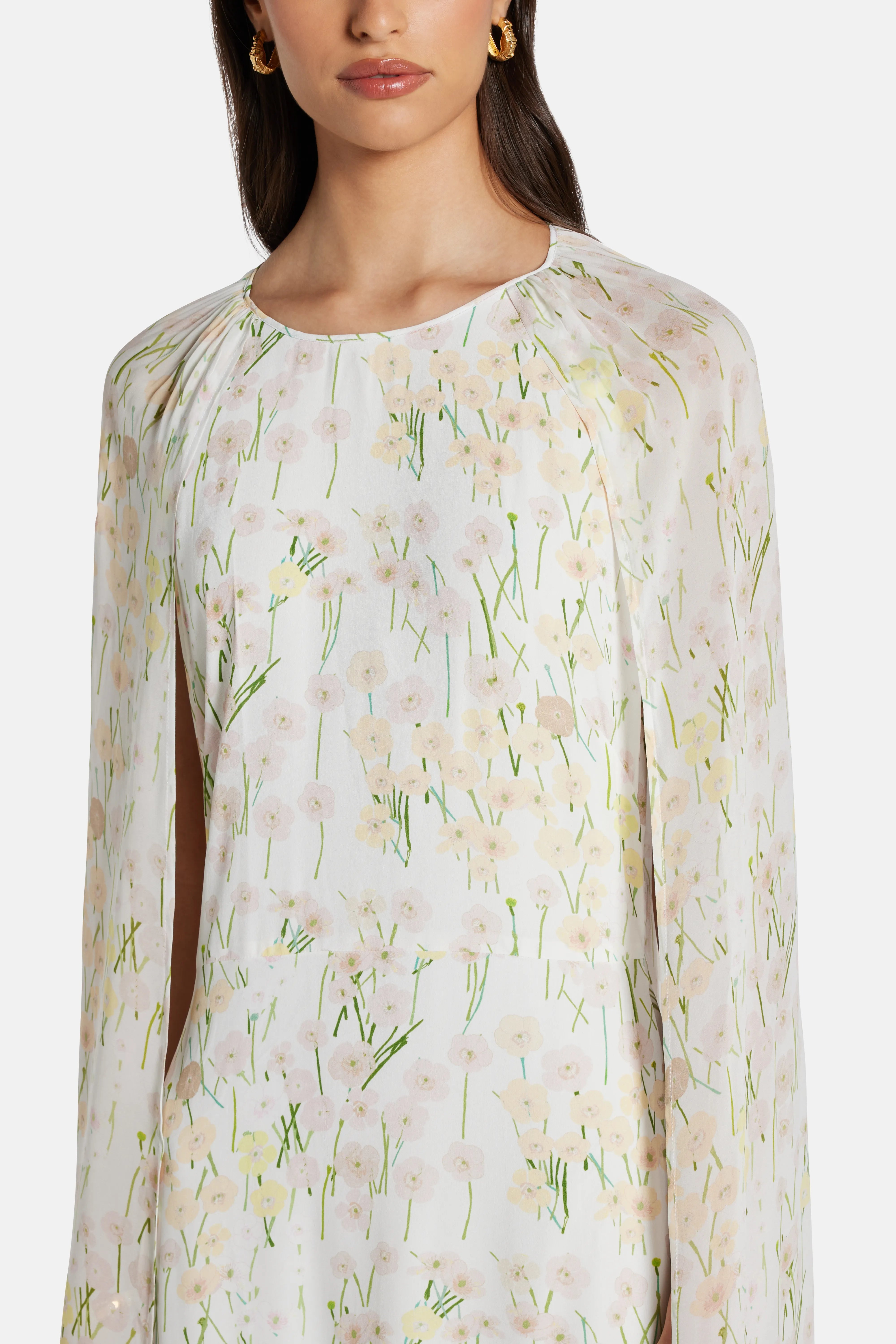 Mina Cape Floral Patterned Backless Maxi Dress in White