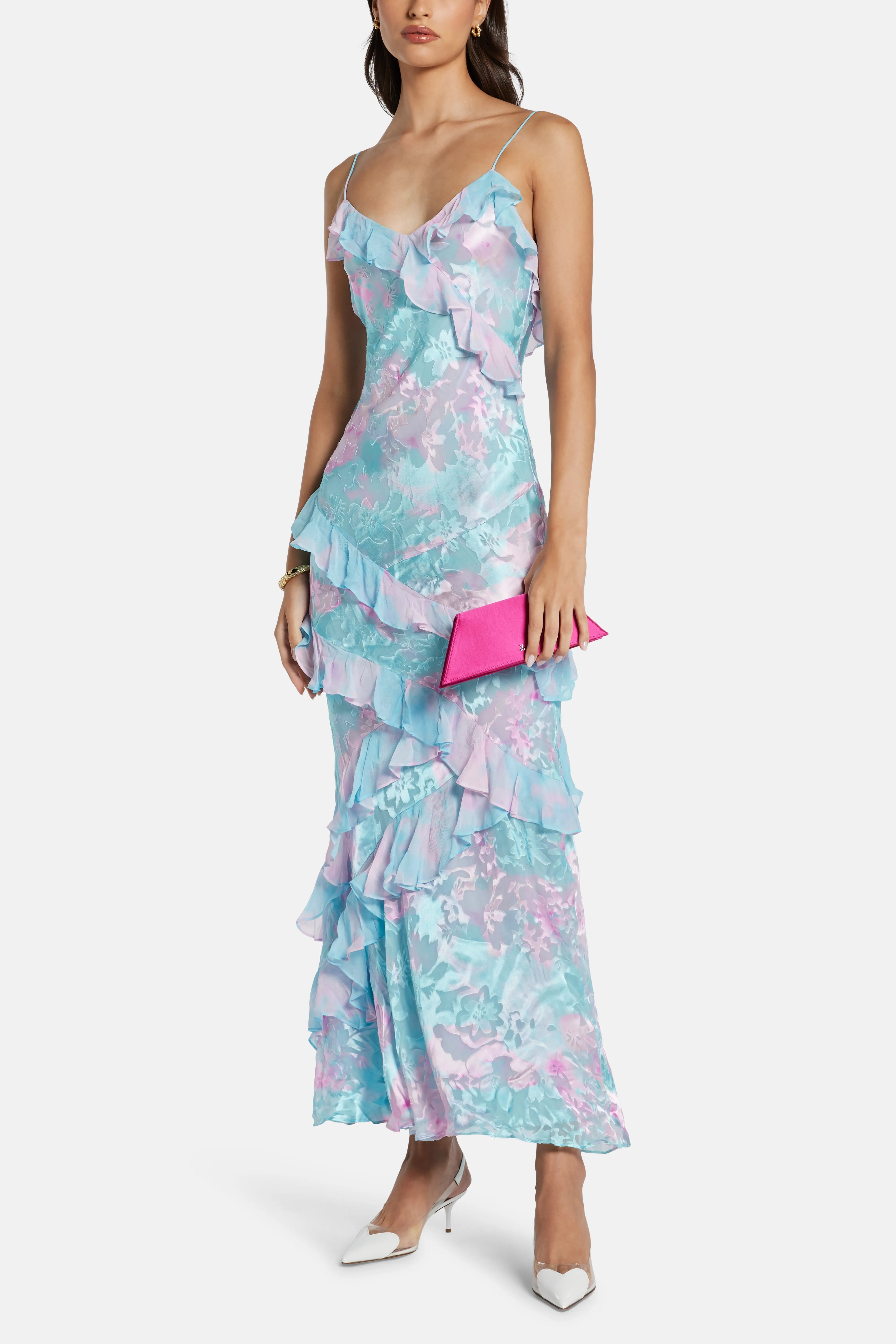Rialto Floral Ruffle Sleeveless Maxi Dress in Blue
