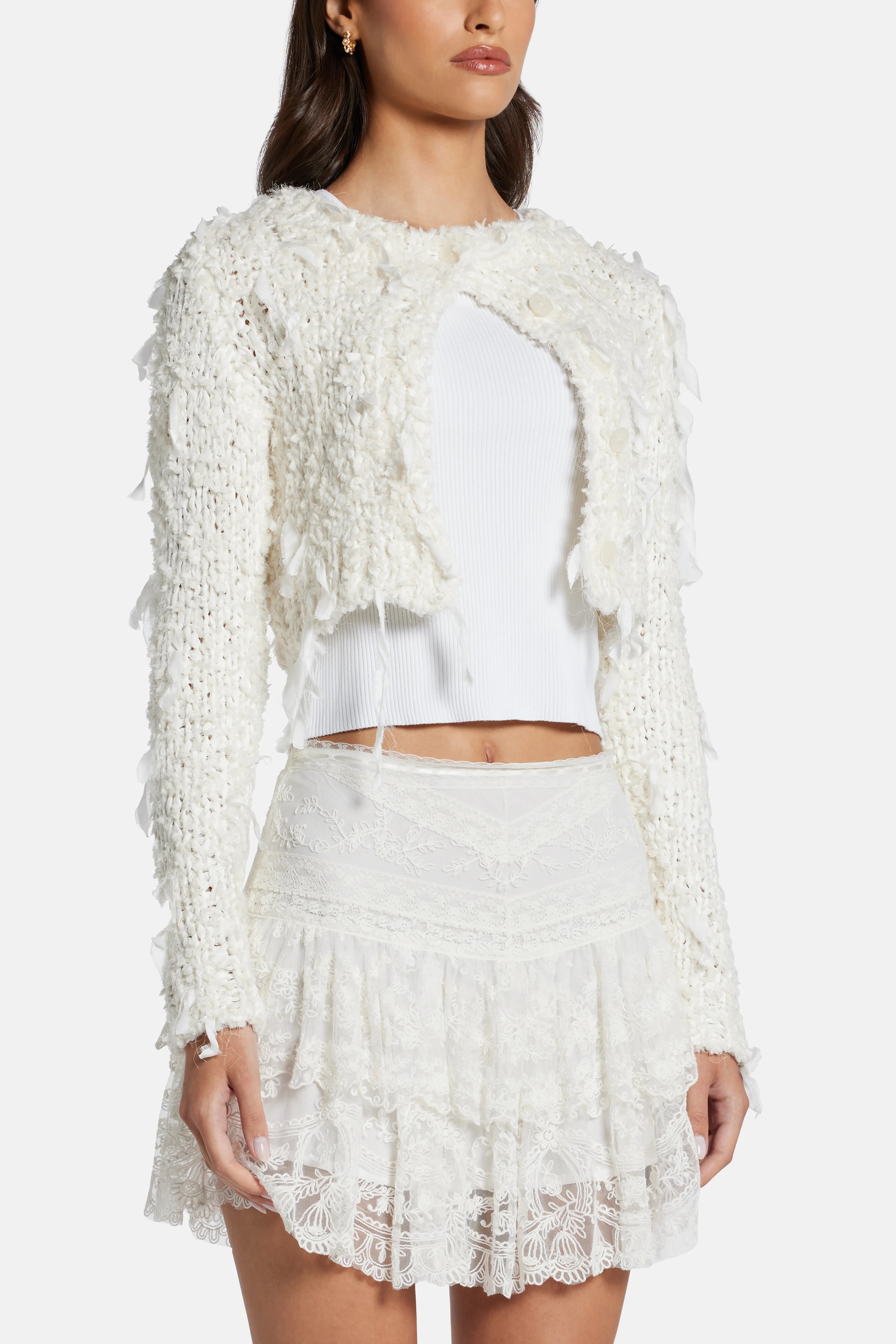 Carol Ribbon Boucle Cropped Cardigan in White