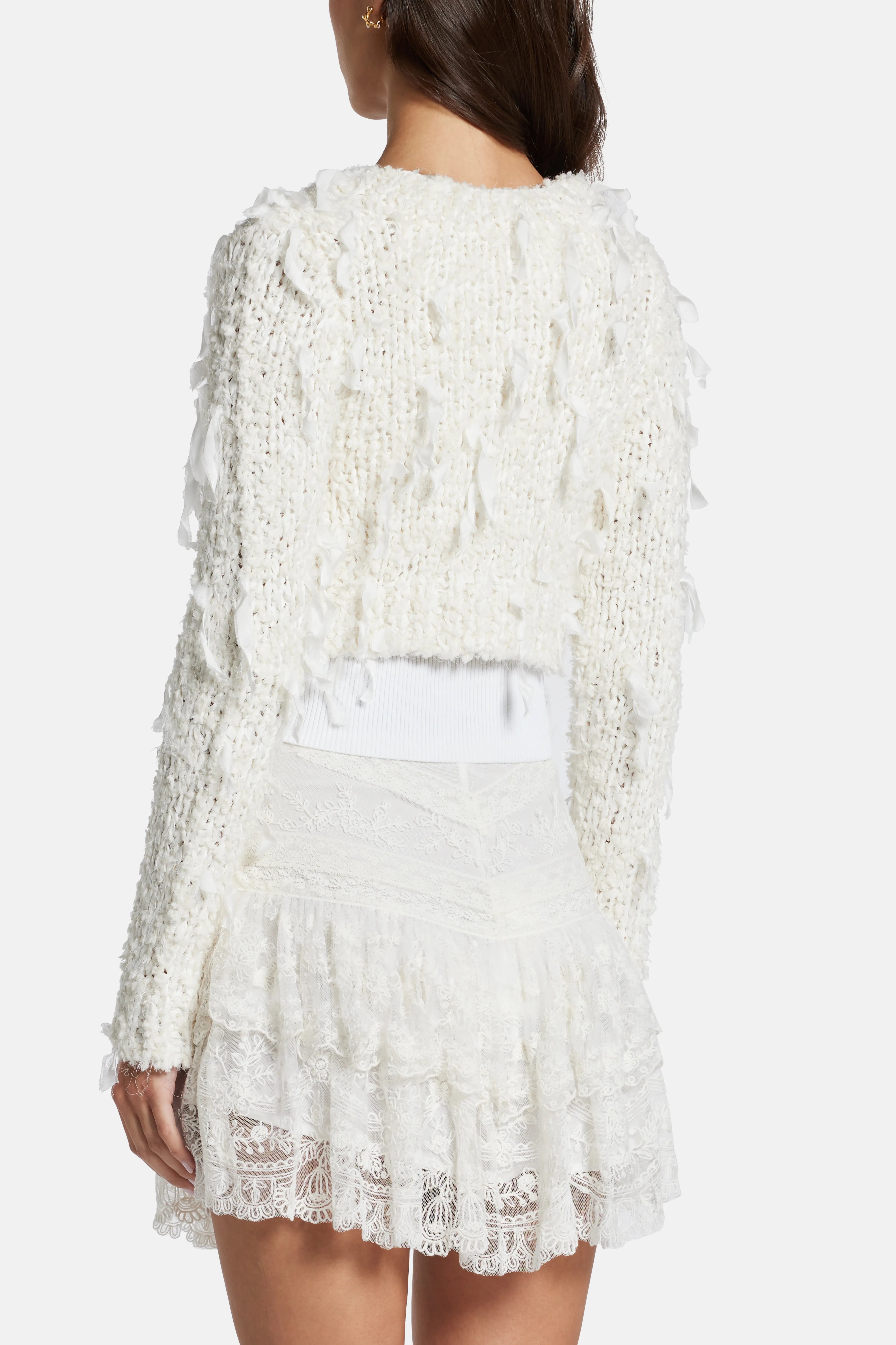Carol Ribbon Boucle Cropped Cardigan in White