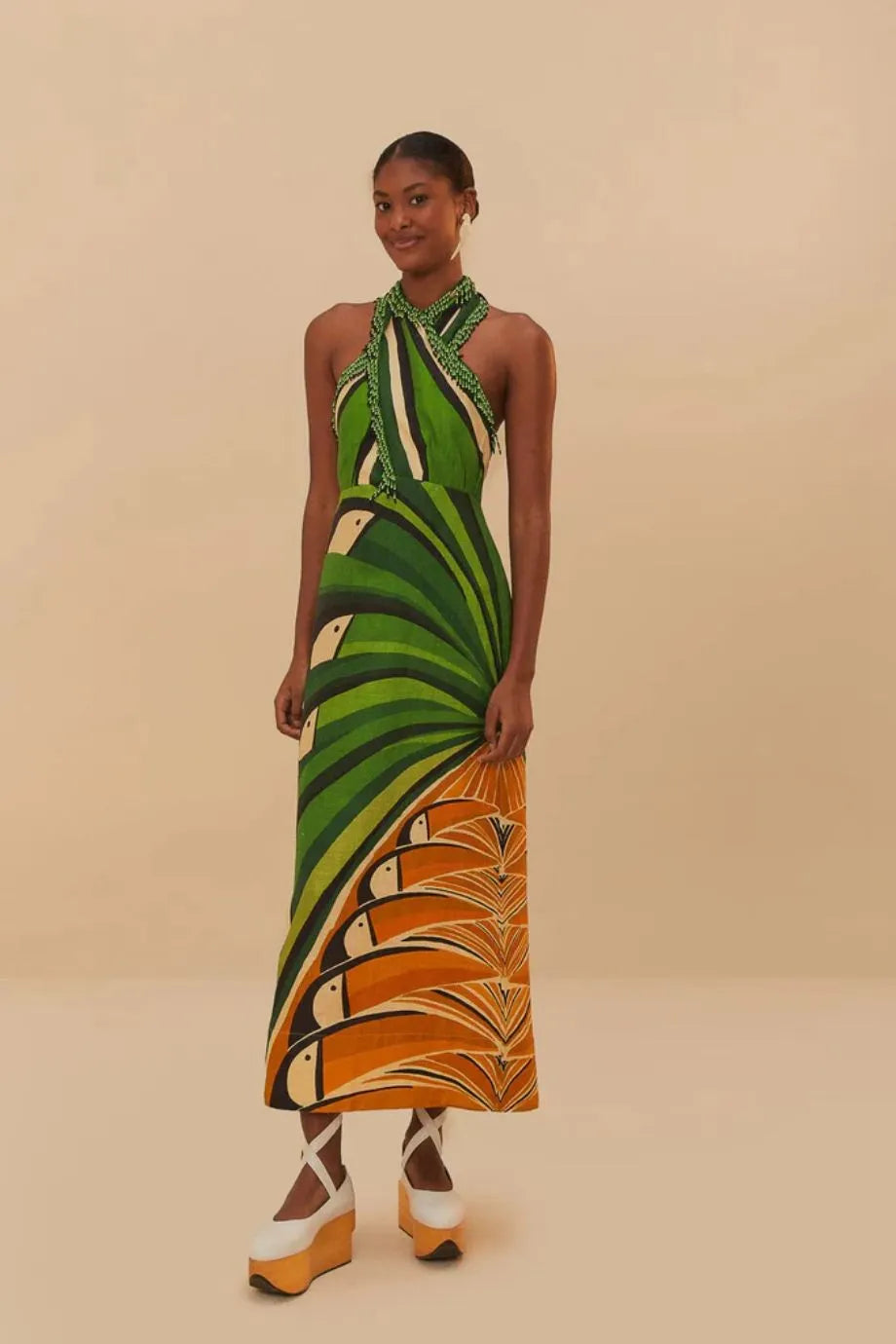 Toucan Tree Halter Neck Linen Maxi Dress in Green and Orange