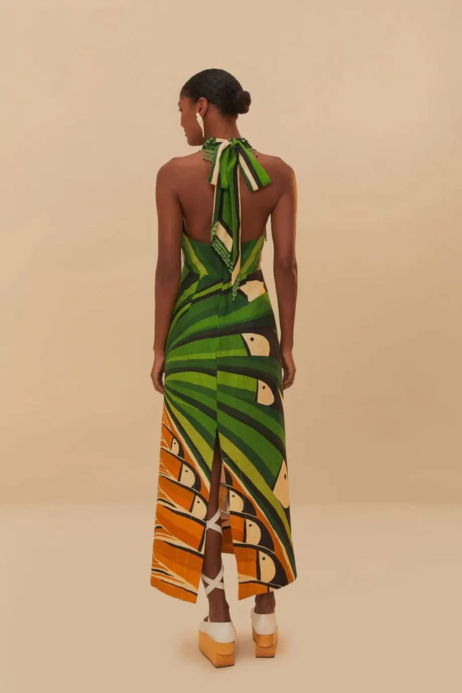 Toucan Tree Halter Neck Linen Maxi Dress in Green and Orange