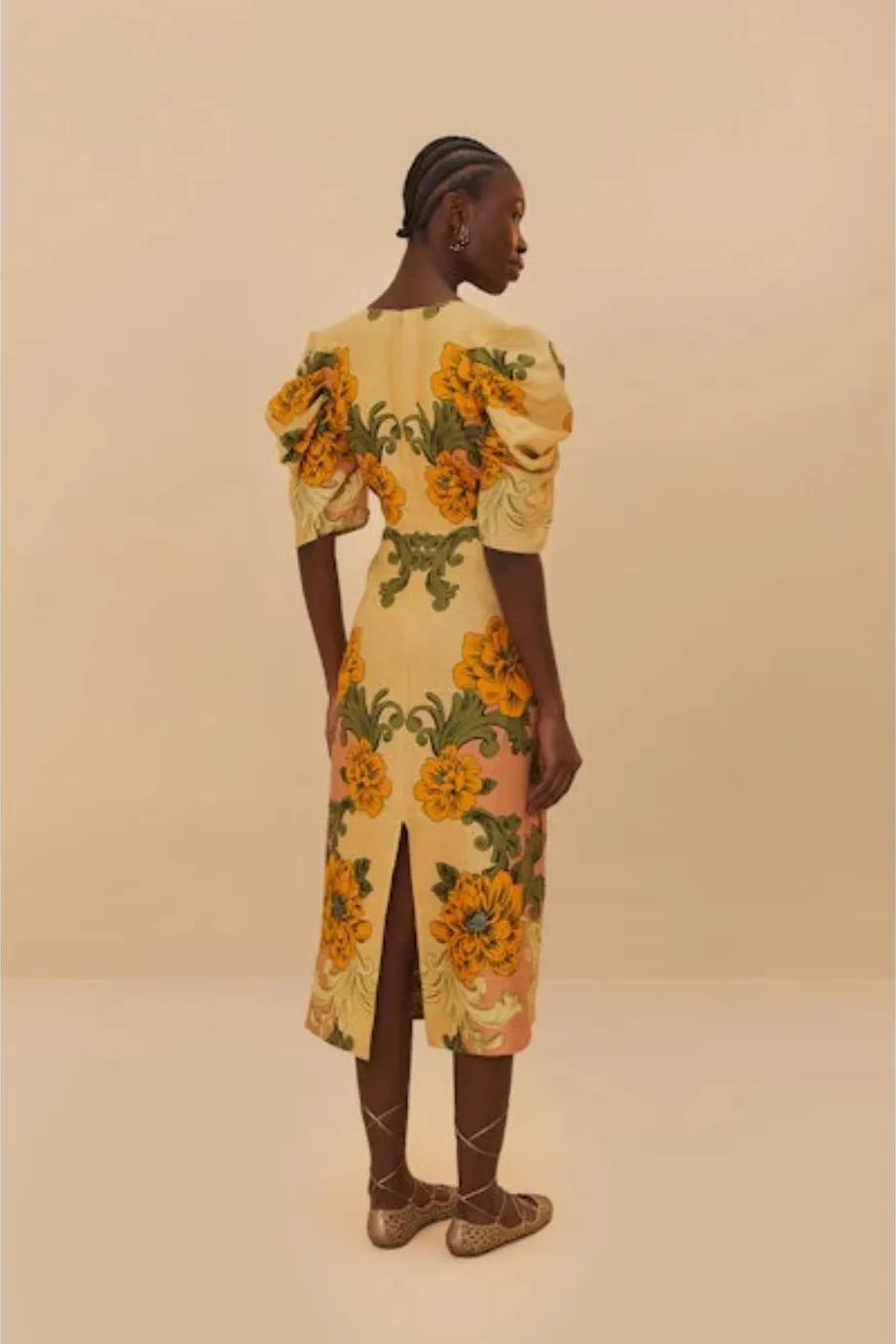 Delicate Floral Arabesques Linen Midi Dress in Yellow