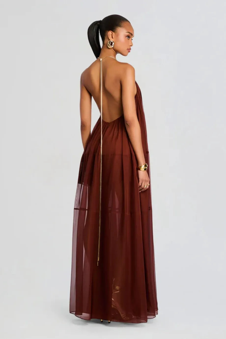 Arlet V Neck Chiffon Maxi Dress in Brown