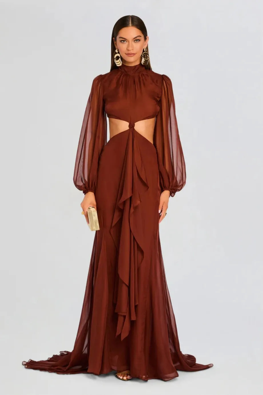 Rosalinda Chiffon Cut Out Maxi Dress in Brown